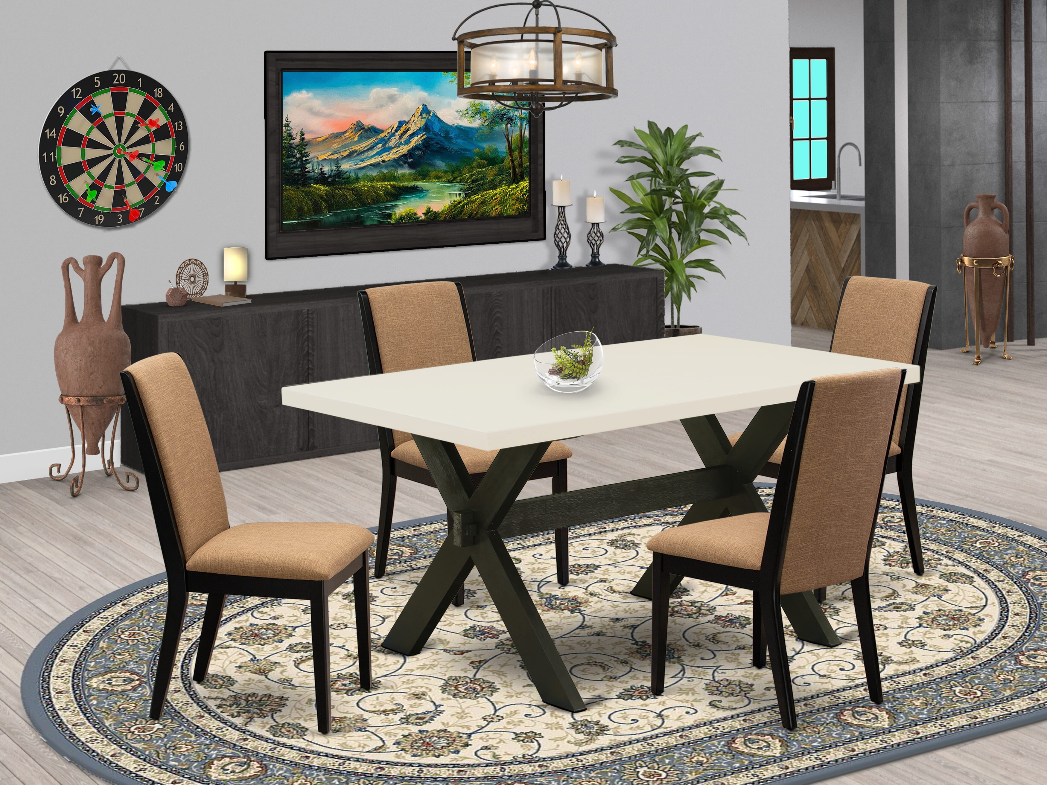 East West Furniture X626LA147-5 5-Piece Dining Table Set with Wood Dining Table - 4 Linen Fabric Padded Parson Chairs (Wire Brushed Black Finish)