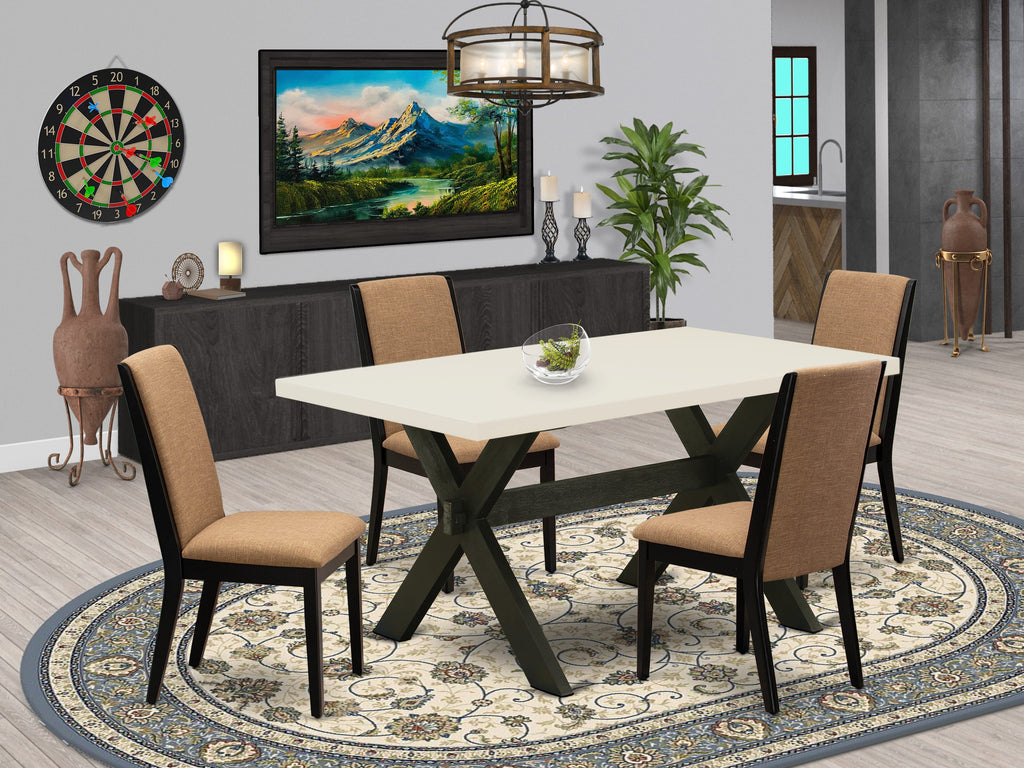El juego de mesa de comedor de 5 piezas East West Furniture X626LA147-5 incluye una mesa de cocina rectangular con patas en forma de X y 4 sillas de comedor Parsons de tela de lino color sable claro.