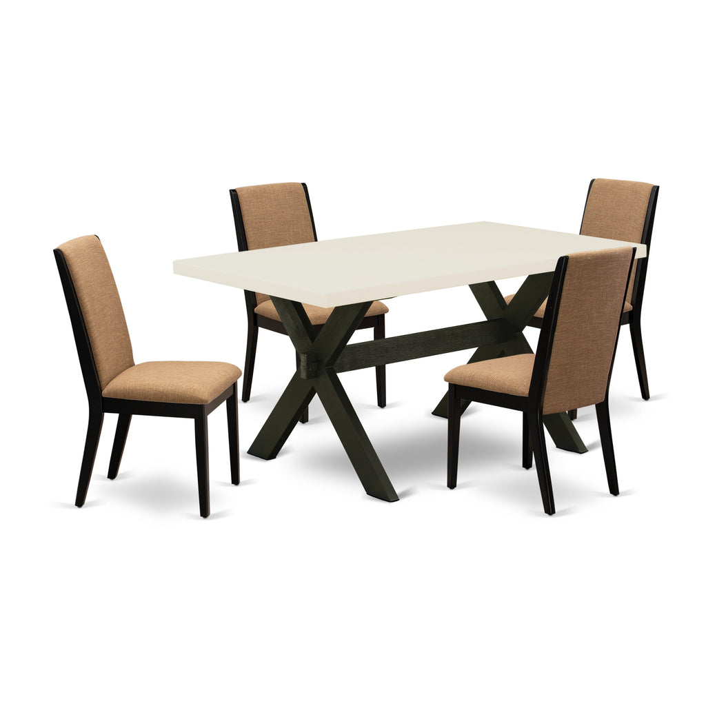 El juego de mesa de comedor de 5 piezas East West Furniture X626LA147-5 incluye una mesa de cocina rectangular con patas en forma de X y 4 sillas de comedor Parsons de tela de lino color sable claro.