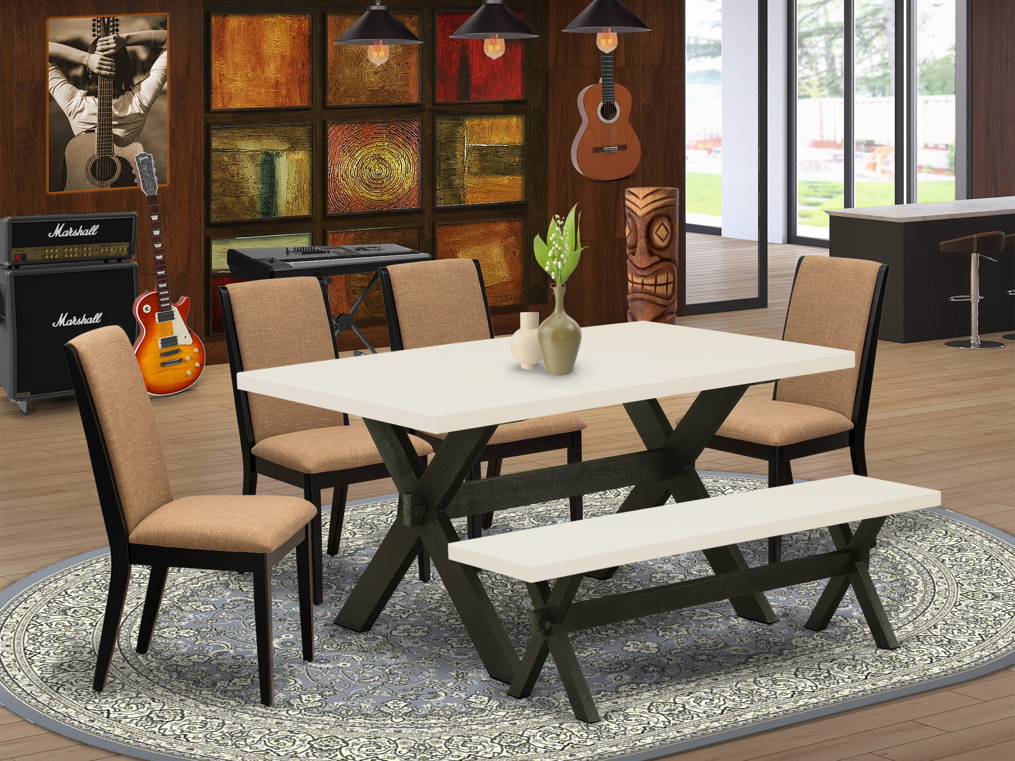 East West Furniture X626LA147-6 6-Piece Dining Table Set with Dining Table and Kitchen Bench - 4 Linen Fabric Parson Chairs (Wire Brushed Black Finish)