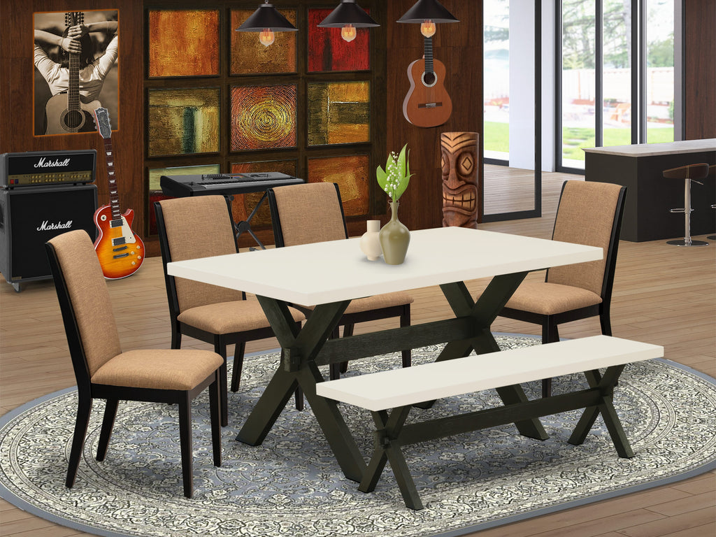 East West Furniture X626LA147-6 6 Piece Kitchen Table Set Contains a Rectangle Dining Table with X-Legs and 4 Light Sable Linen Fabric Parson Chairs with a Bench