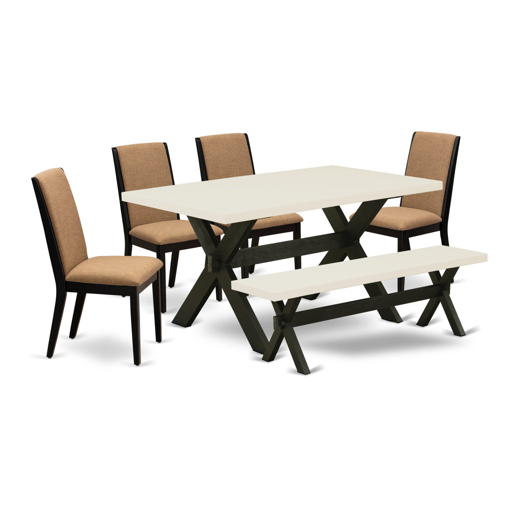East West Furniture X626LA147-6 6 Piece Kitchen Table Set Contains a Rectangle Dining Table with X-Legs and 4 Light Sable Linen Fabric Parson Chairs with a Bench