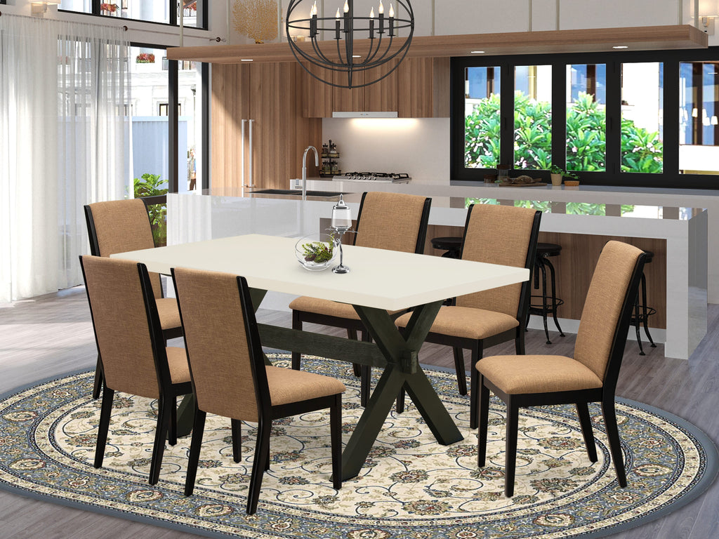 East West Furniture X626LA147-7 7 Piece Dining Room Furniture Set Consist of a Rectangle Dining Table with X-Legs and 6 Light Sable Linen Fabric Parson Chairs