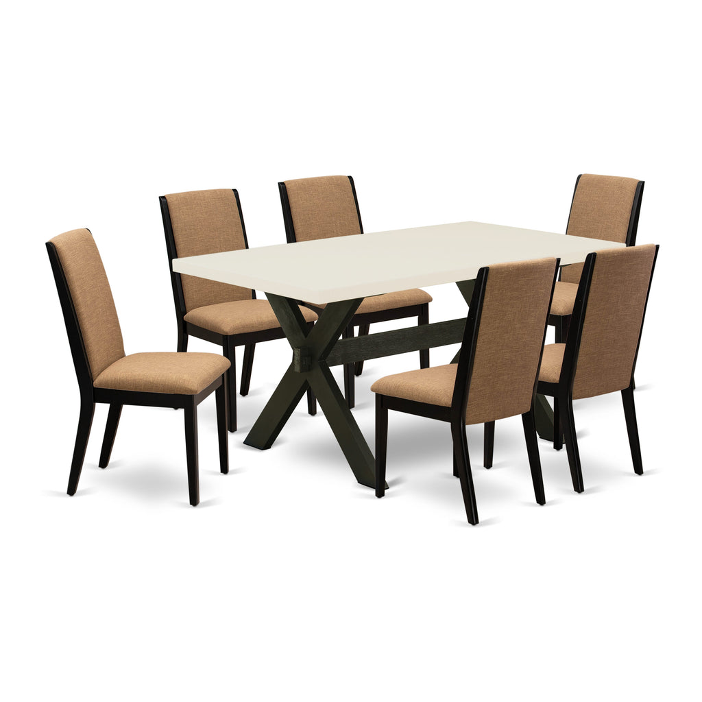East West Furniture X626LA147-7 7 Piece Dining Room Furniture Set Consist of a Rectangle Dining Table with X-Legs and 6 Light Sable Linen Fabric Parson Chairs