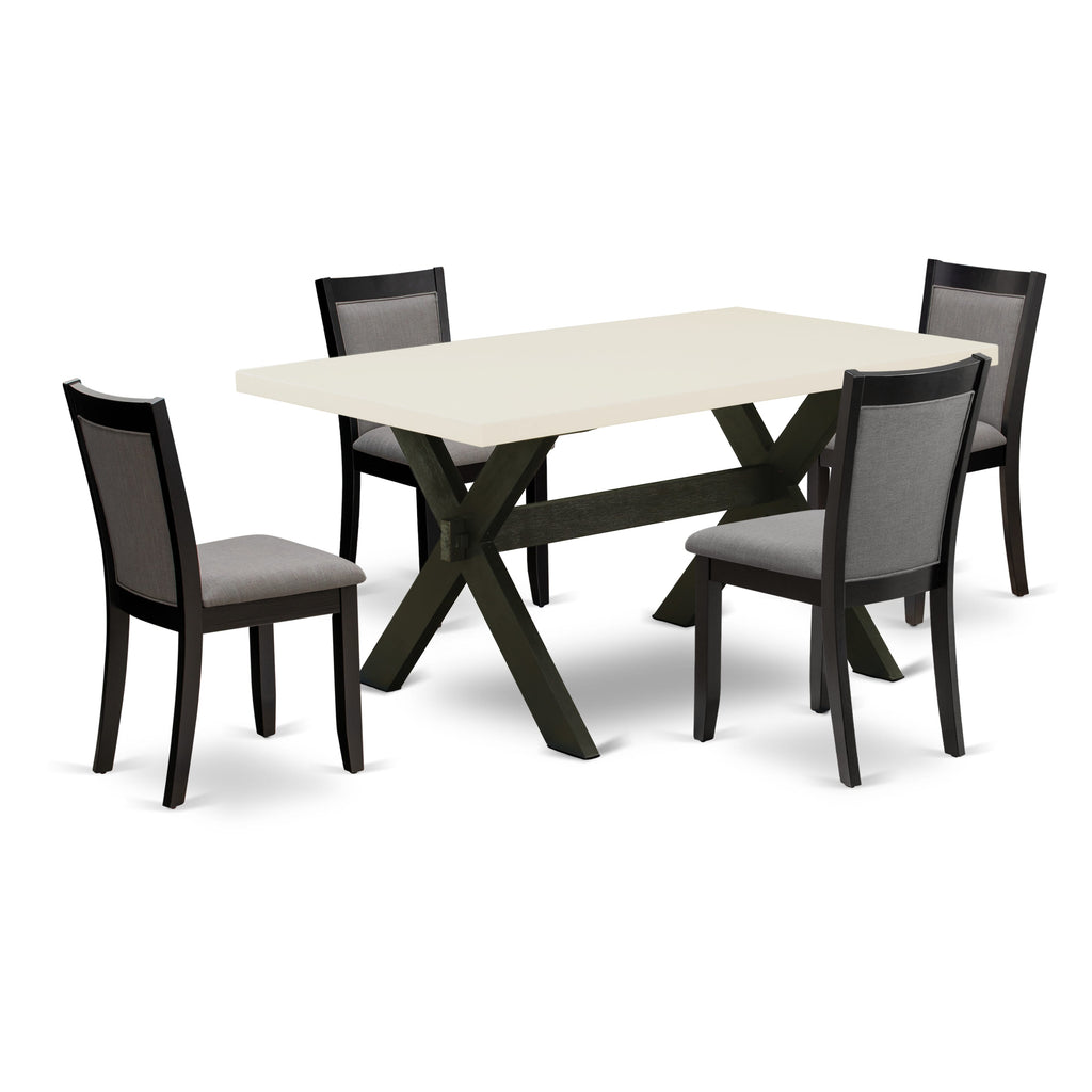 X626MZ150-5 Juego de comedor de 5 piezas: mesa rectangular de 36 x 60 y 4 sillas Parson, acabado en negro cepillado y blanco lino.