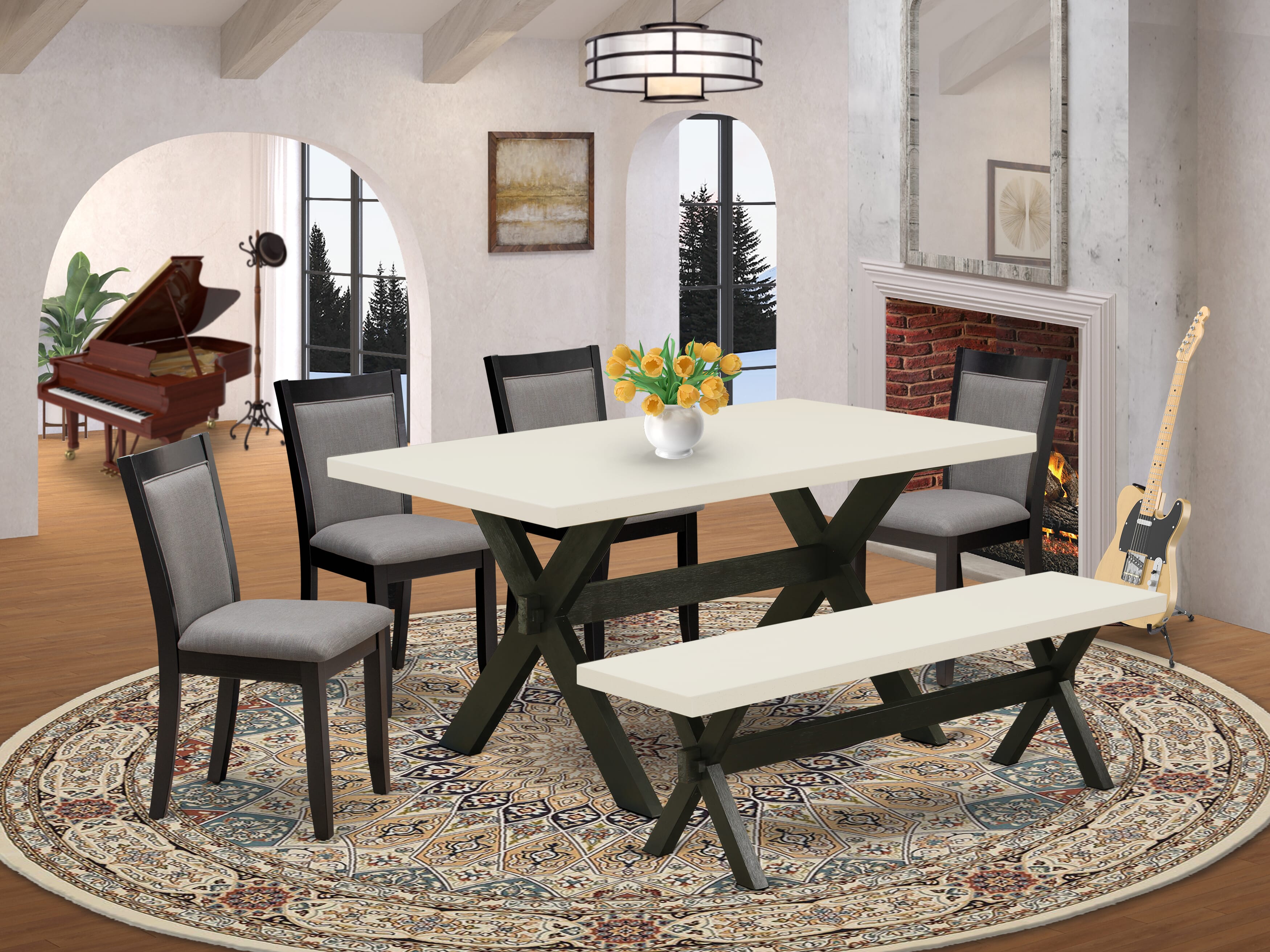 EAST WEST FURNITURE - X626MZ150-6 - 6-Pc Dining Set - 4 Dining Chairs, a Dining Bench and 1 Kitchen Dining Table (Wire Brushed Black Finish)