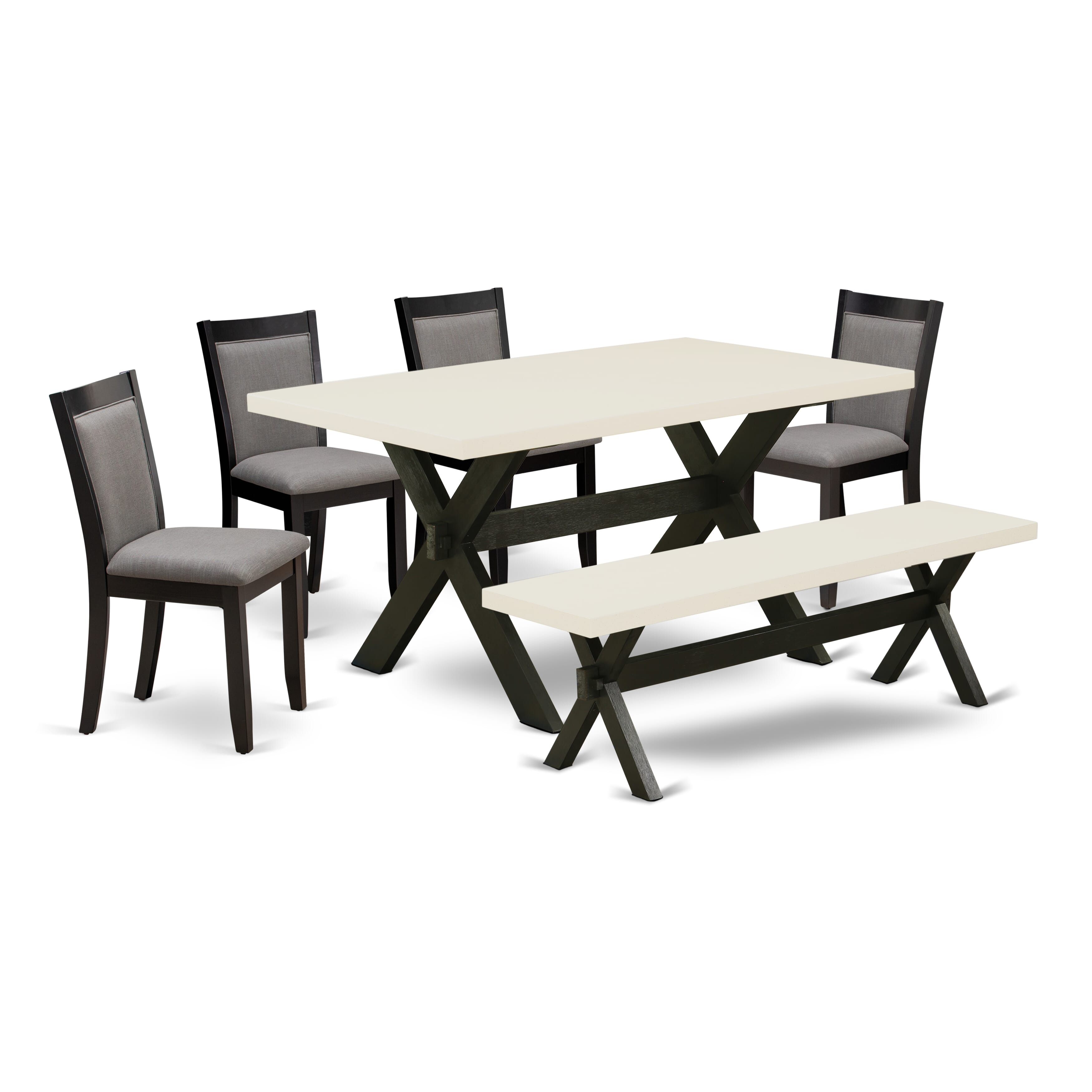 EAST WEST FURNITURE - X626MZ150-6 - 6-Pc Dining Set - 4 Dining Chairs, a Dining Bench and 1 Kitchen Dining Table (Wire Brushed Black Finish)