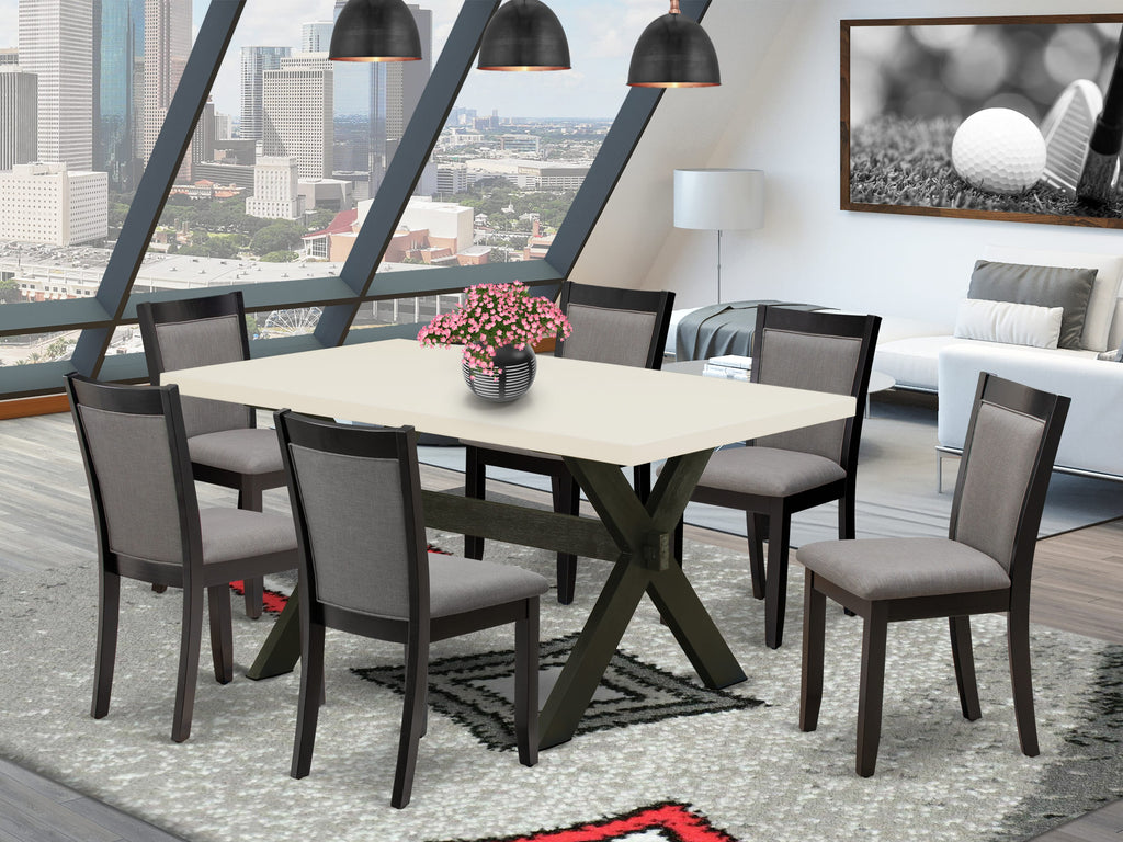 X626MZ150-7 Juego de comedor de 7 piezas: mesa rectangular de 36 x 60 y 6 sillas Parson, color negro cepillado y blanco lino.