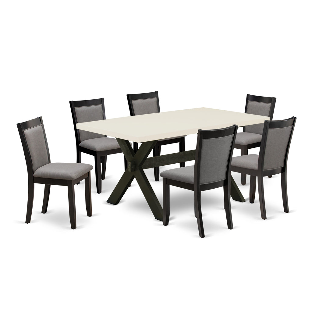 X626MZ150-7 Juego de comedor de 7 piezas: mesa rectangular de 36 x 60 y 6 sillas Parson, color negro cepillado y blanco lino.