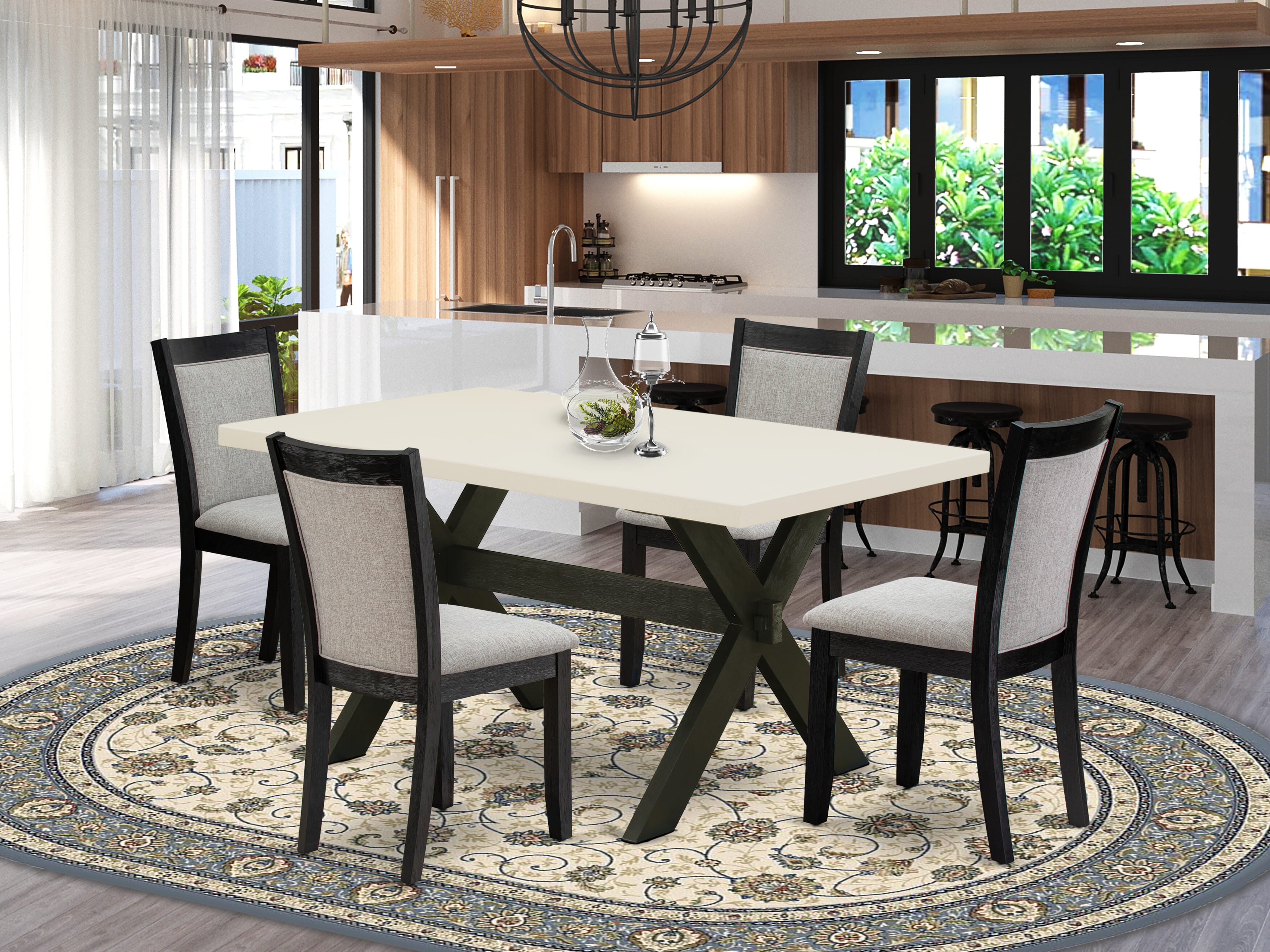 East West Furniture X626MZ606-5 5 Piece Table Set - A linen white Top Wooden Dining Table with Trestle Base and 4 Shitake Linen Fabric Dining Room Chairs - Wire Brushed Black Finish