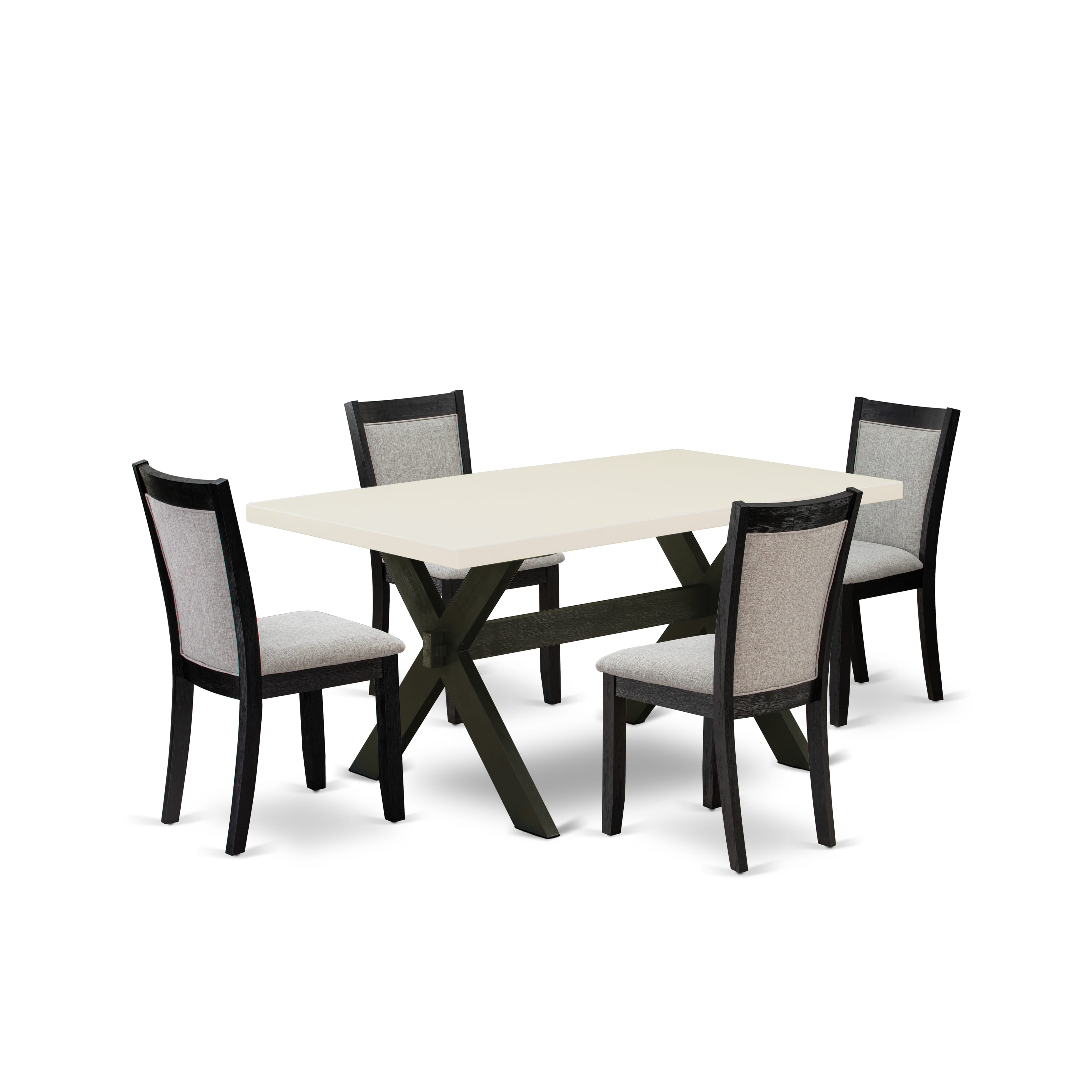 East West Furniture X626MZ606-5 5 Piece Table Set - A linen white Top Wooden Dining Table with Trestle Base and 4 Shitake Linen Fabric Dining Room Chairs - Wire Brushed Black Finish