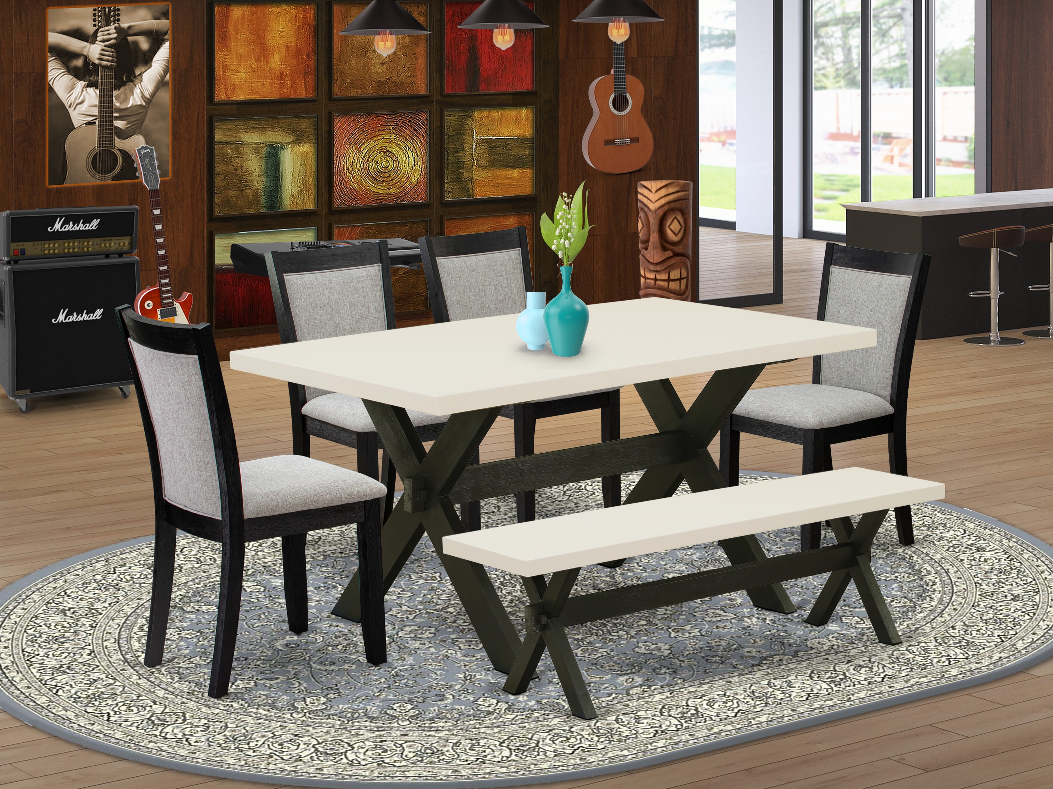East West Furniture X626MZ606-6 6 Pc Dining Room Set - A linen white Top Wood Dining Table with a Rustic Bench and 4 Shitake Linen Fabric Upholstered Dining Chairs - Wire Brushed Black Finish