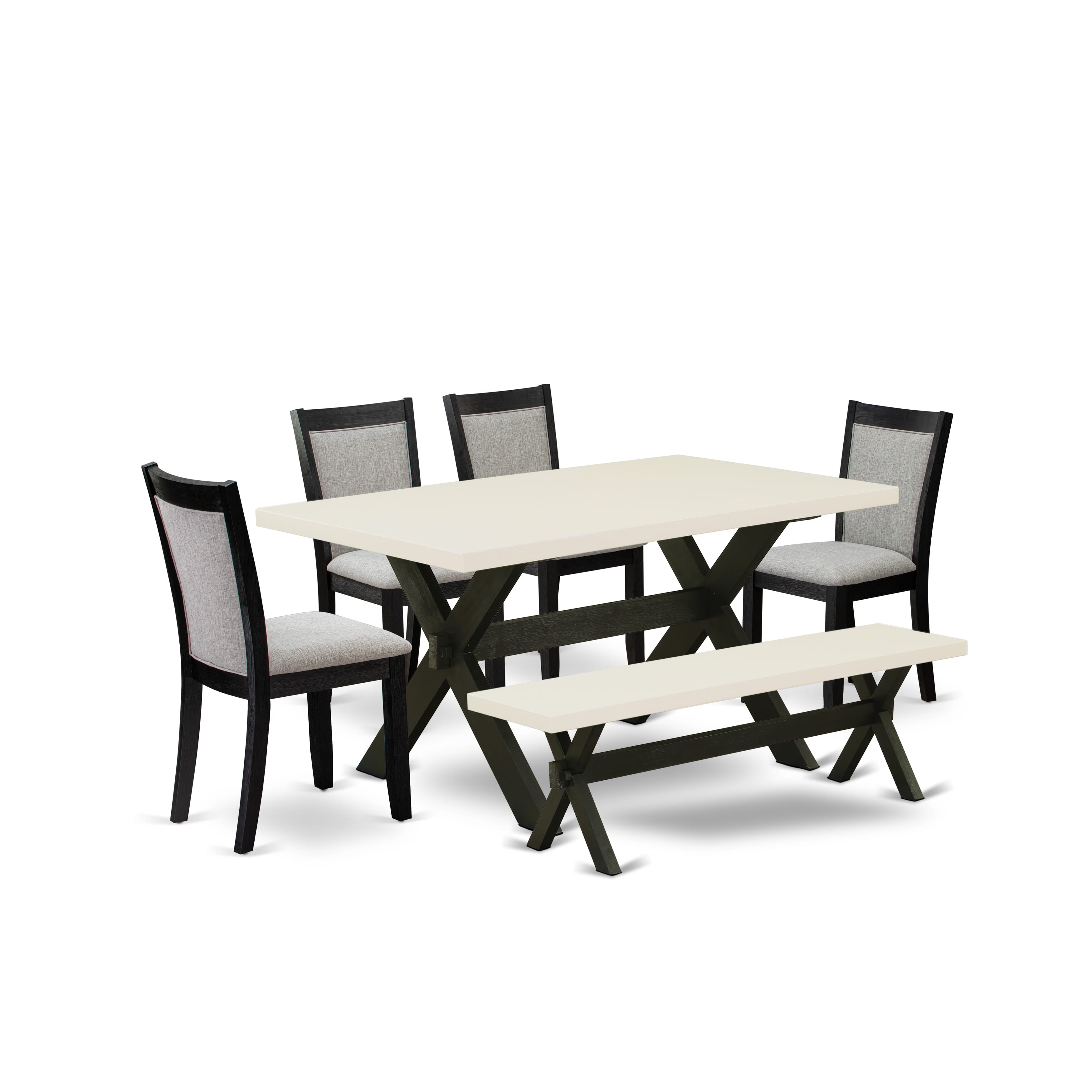 East West Furniture X626MZ606-6 6 Pc Dining Room Set - A linen white Top Wood Dining Table with a Rustic Bench and 4 Shitake Linen Fabric Upholstered Dining Chairs - Wire Brushed Black Finish