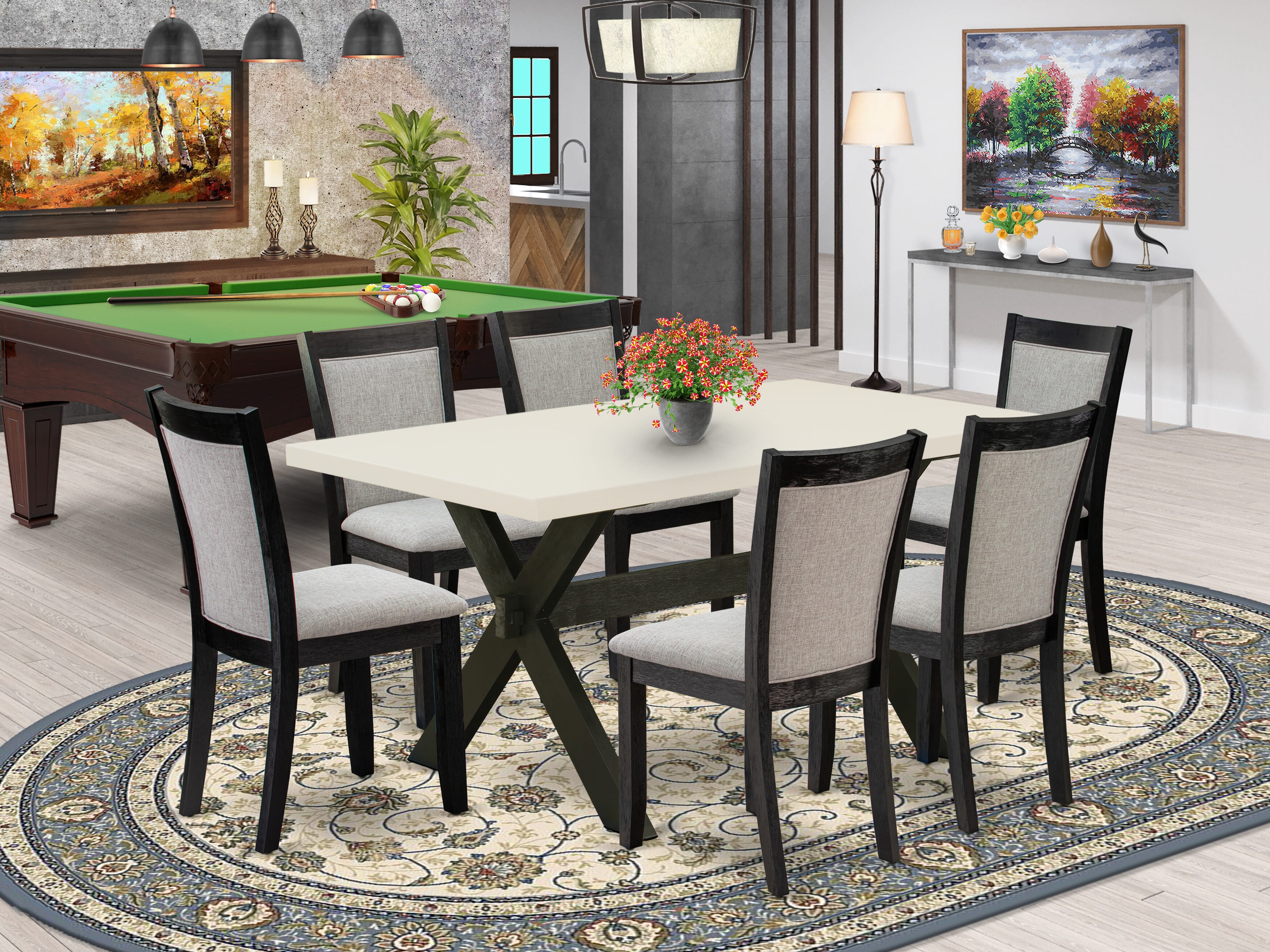 East West Furniture X626MZ606-7 7 Piece Modern Dining Table Set - A linen white Top Wooden Dining Table with Trestle Base and 6 Shitake Linen Fabric Dinning Chairs - Wire Brushed Black Finish