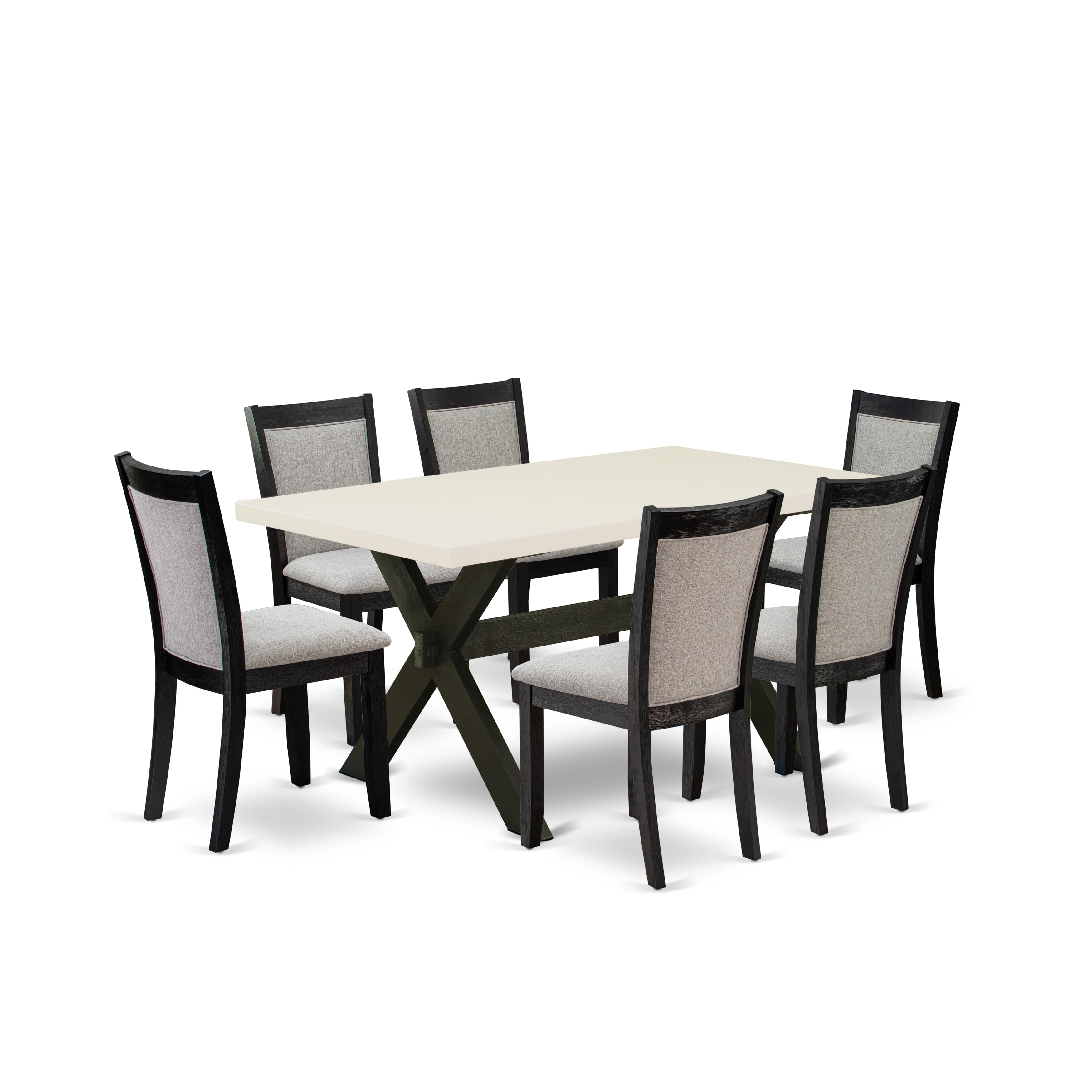 East West Furniture X626MZ606-7 7 Piece Modern Dining Table Set - A linen white Top Wooden Dining Table with Trestle Base and 6 Shitake Linen Fabric Dinning Chairs - Wire Brushed Black Finish
