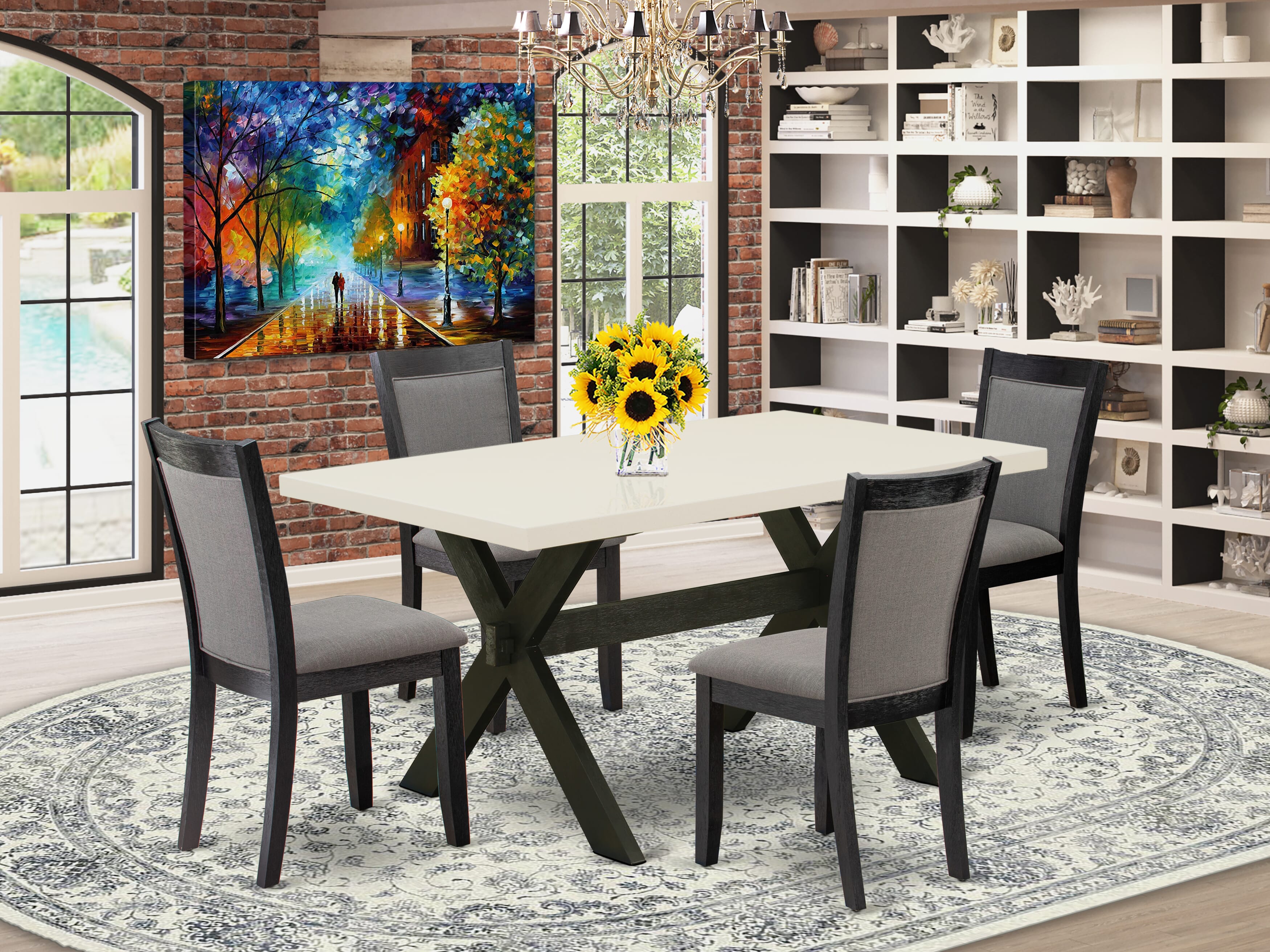 East West Furniture X626MZ650-5 5 Piece Kitchen Table Set - A linen white Top Wooden Dining Table with Trestle Base and 4 Dark Gotham Grey Linen Fabric Dining Room Chairs - Wire Brushed Black Finish