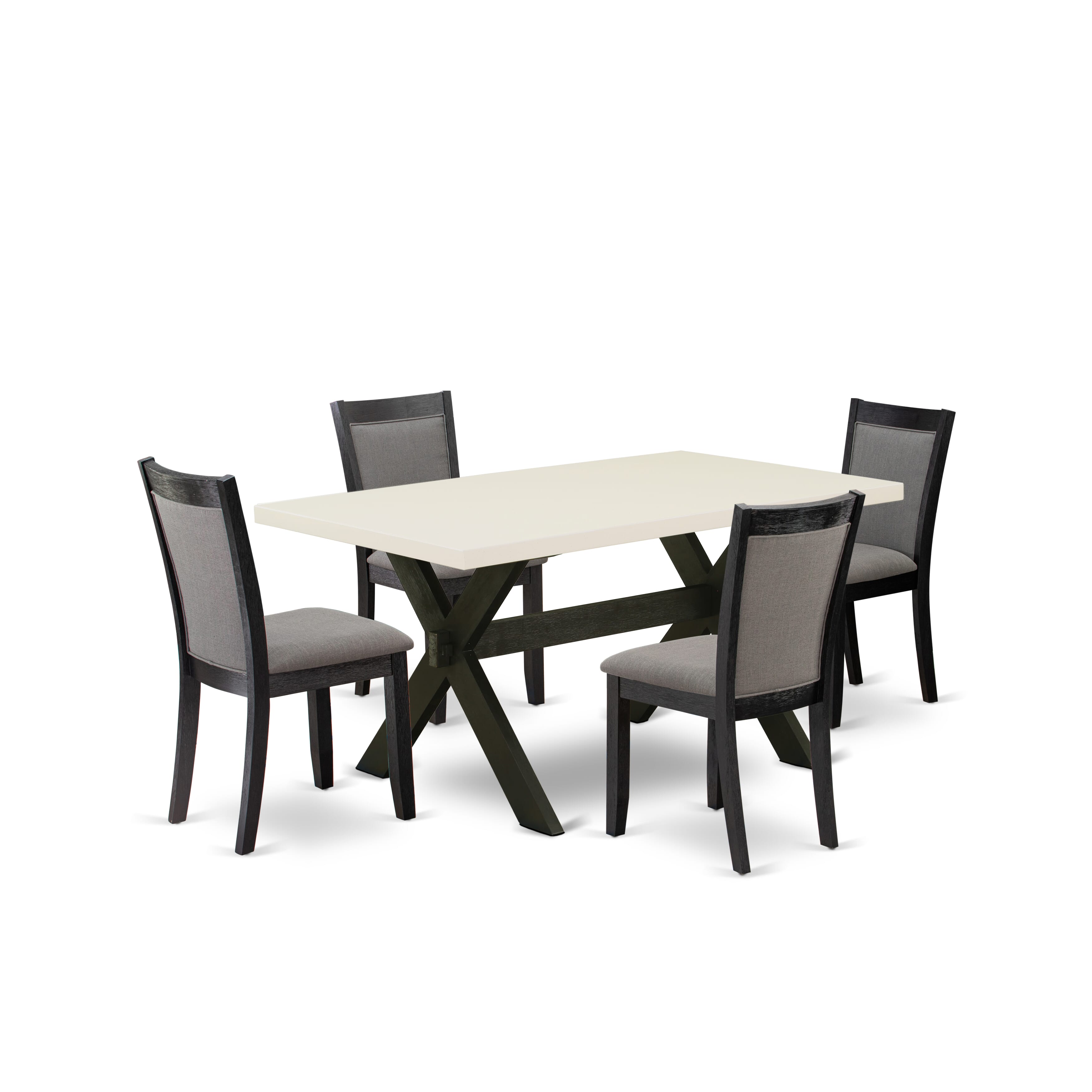 East West Furniture X626MZ650-5 5 Piece Kitchen Table Set - A linen white Top Wooden Dining Table with Trestle Base and 4 Dark Gotham Grey Linen Fabric Dining Room Chairs - Wire Brushed Black Finish