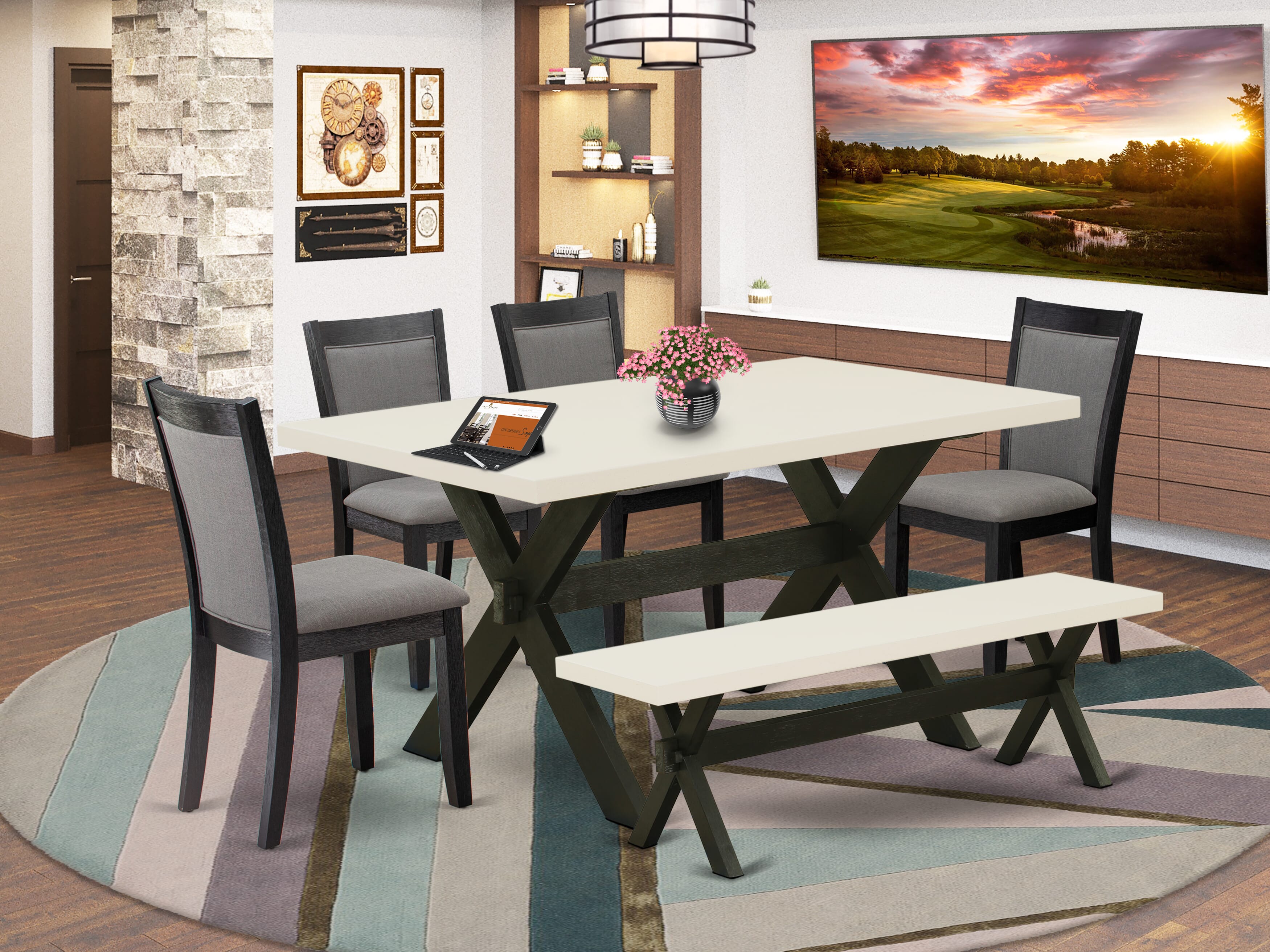 East West Furniture X626MZ650-6 6 Pc Kitchen Dining Table Set - A linen white Top Dinner Table with Kitchen Bench and 4 Dark Gotham Grey Linen Fabric Upholstered Chairs - Wire Brushed Black Finish