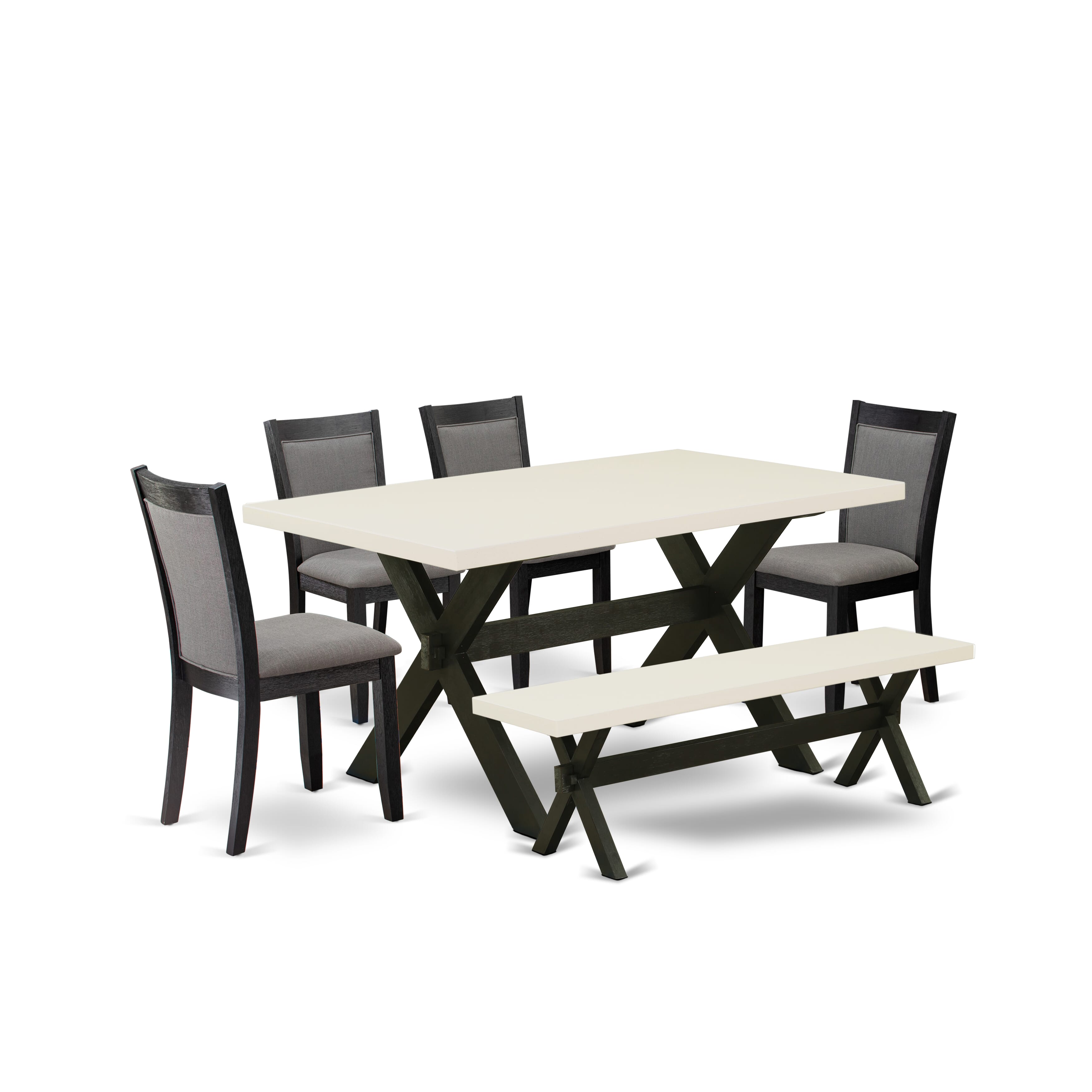 East West Furniture X626MZ650-6 6 Pc Kitchen Dining Table Set - A linen white Top Dinner Table with Kitchen Bench and 4 Dark Gotham Grey Linen Fabric Upholstered Chairs - Wire Brushed Black Finish