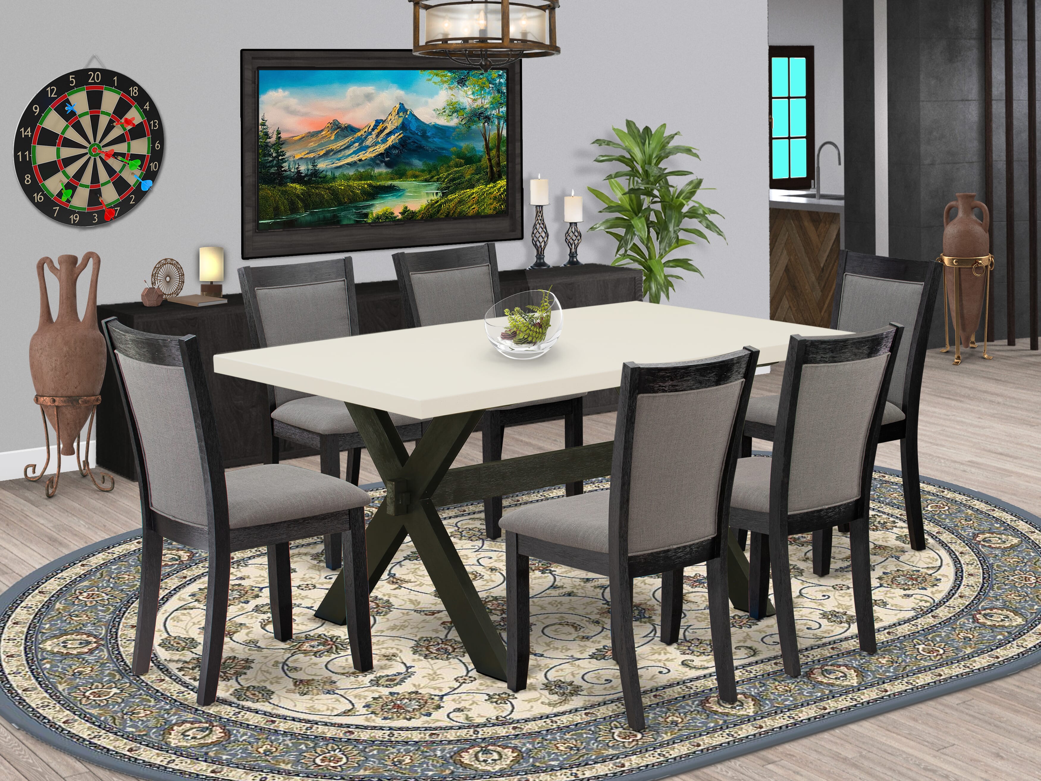East West Furniture X626MZ650-7 7 Piece Mid Century Dining Set - A linen white Top Dining Table with Trestle Base and 6 Dark Gotham Grey Linen Fabric Dining Chairs - Wire Brushed Black Finish