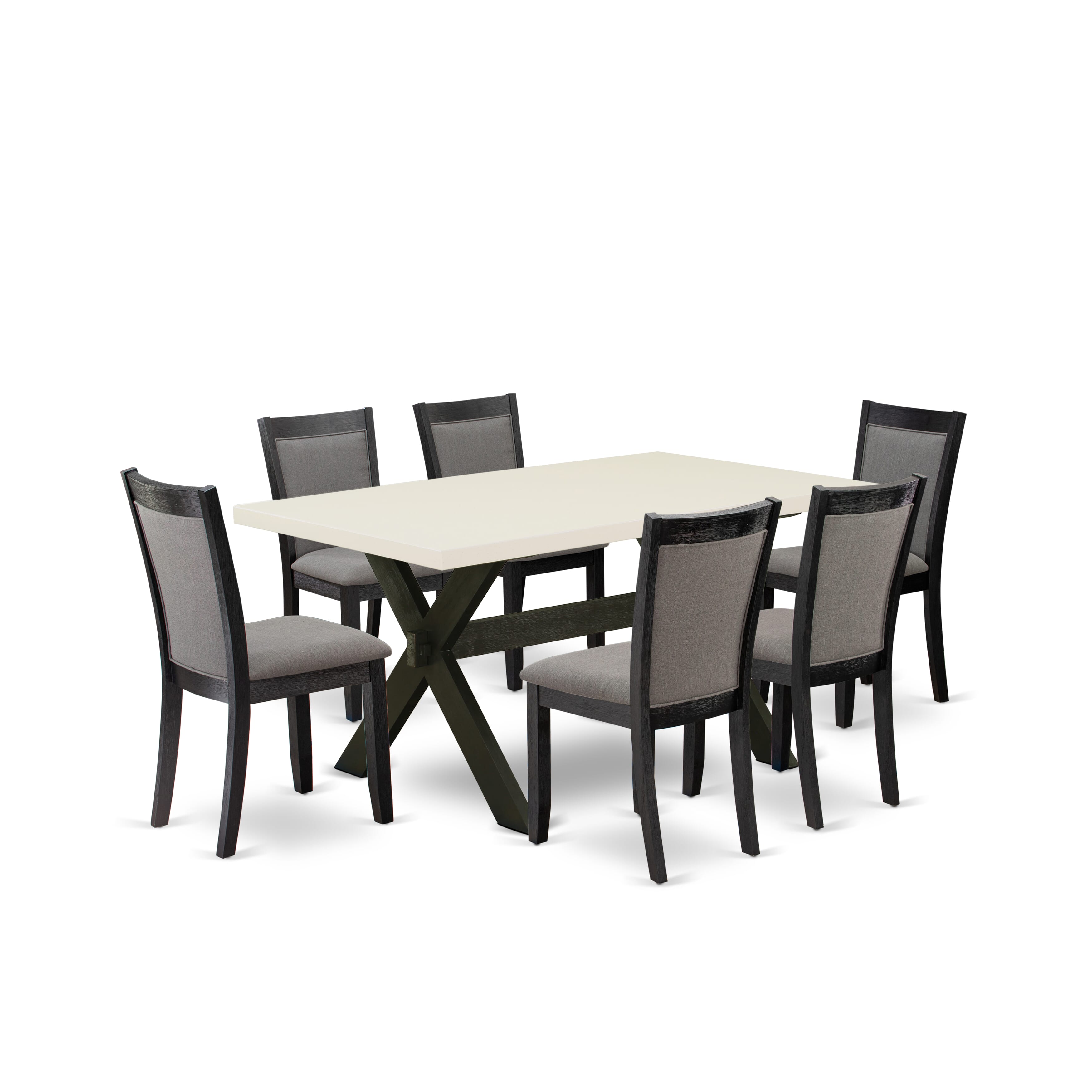 East West Furniture X626MZ650-7 7 Piece Mid Century Dining Set - A linen white Top Dining Table with Trestle Base and 6 Dark Gotham Grey Linen Fabric Dining Chairs - Wire Brushed Black Finish