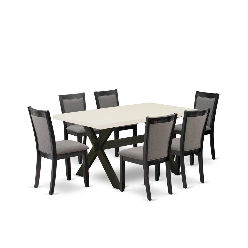Juego de comedor de 7 piezas East West Furniture X626MZ650-7 compuesto por una mesa de comedor rectangular con patas en forma de X y 6 sillas de comedor Parson de tela de lino gris Gotham oscuro.