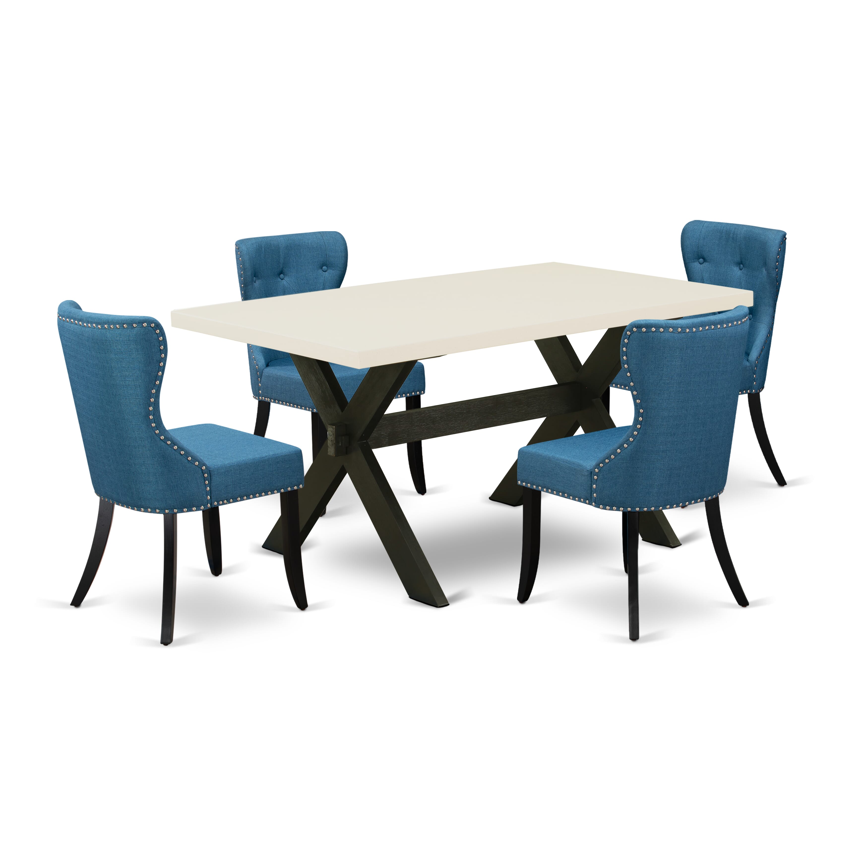 East West Furniture X626SI121-5 5-Piece Dining Room Table Set- 4 Parson dining room chairs with Blue Linen Fabric Seat and Button Tufted Chair Back - Kitchen Table - linen white Finish