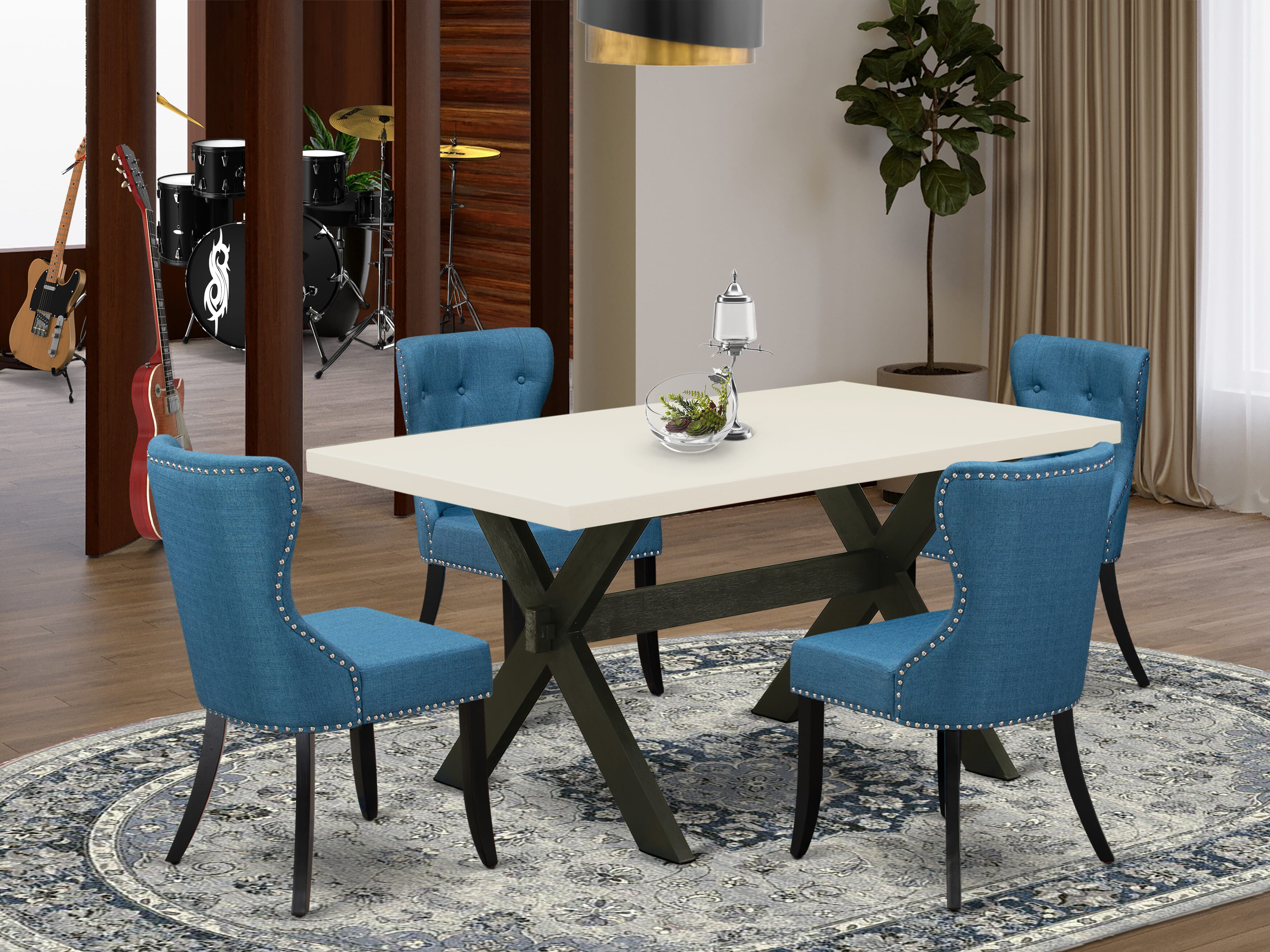 East West Furniture X626SI121-5 5-Piece Dining Room Table Set- 4 Parson dining room chairs with Blue Linen Fabric Seat and Button Tufted Chair Back - Kitchen Table - linen white Finish