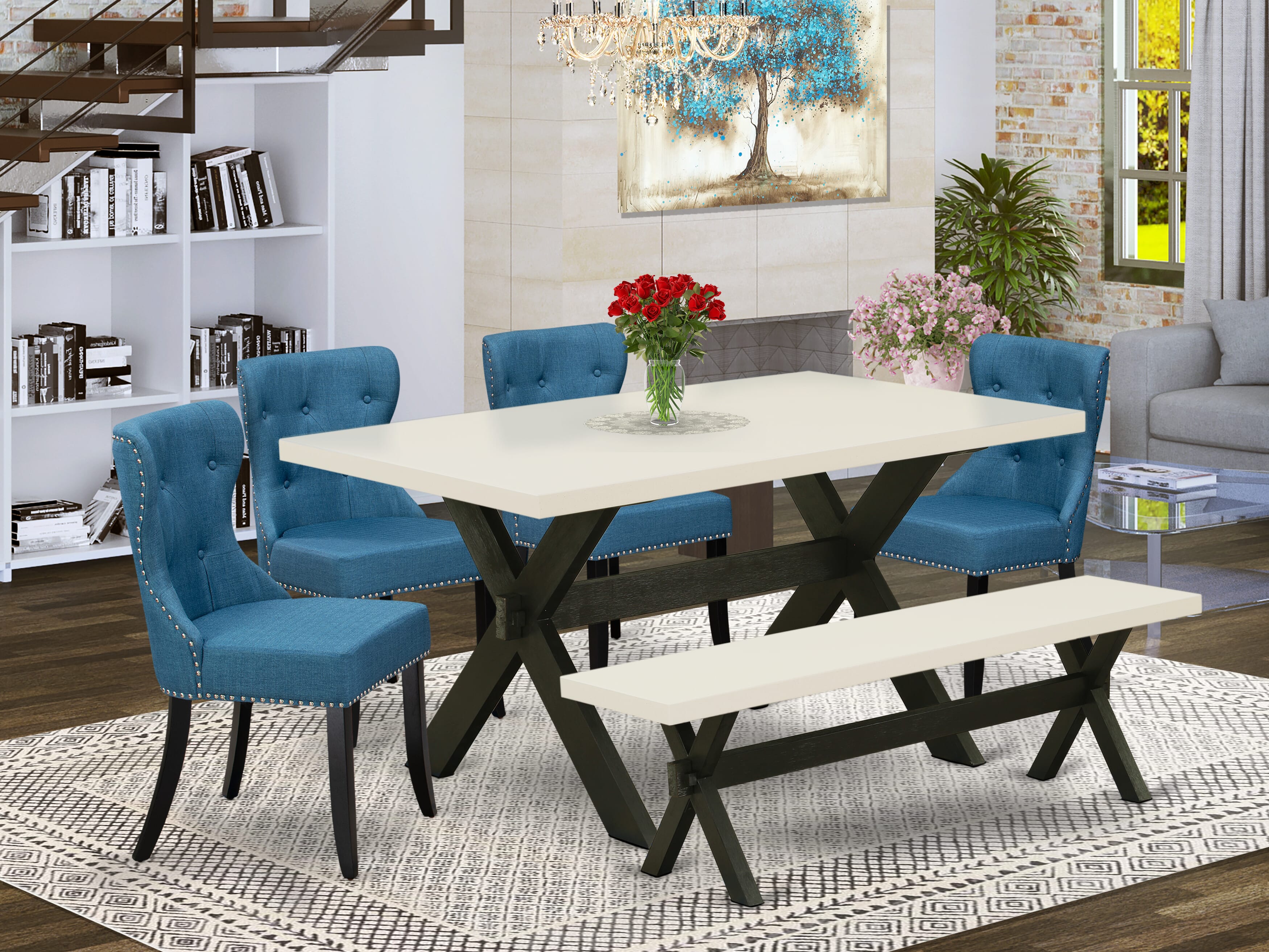 East West Furniture 6-Piece Dining Table Set- 4 Upholstered Dining Chairs with Blue Linen Fabric Seat and Button Tufted Chair Back - Rectangular top & Wooden Cross Legs Dining Table and Dining Bench - linen white and Black Finish
