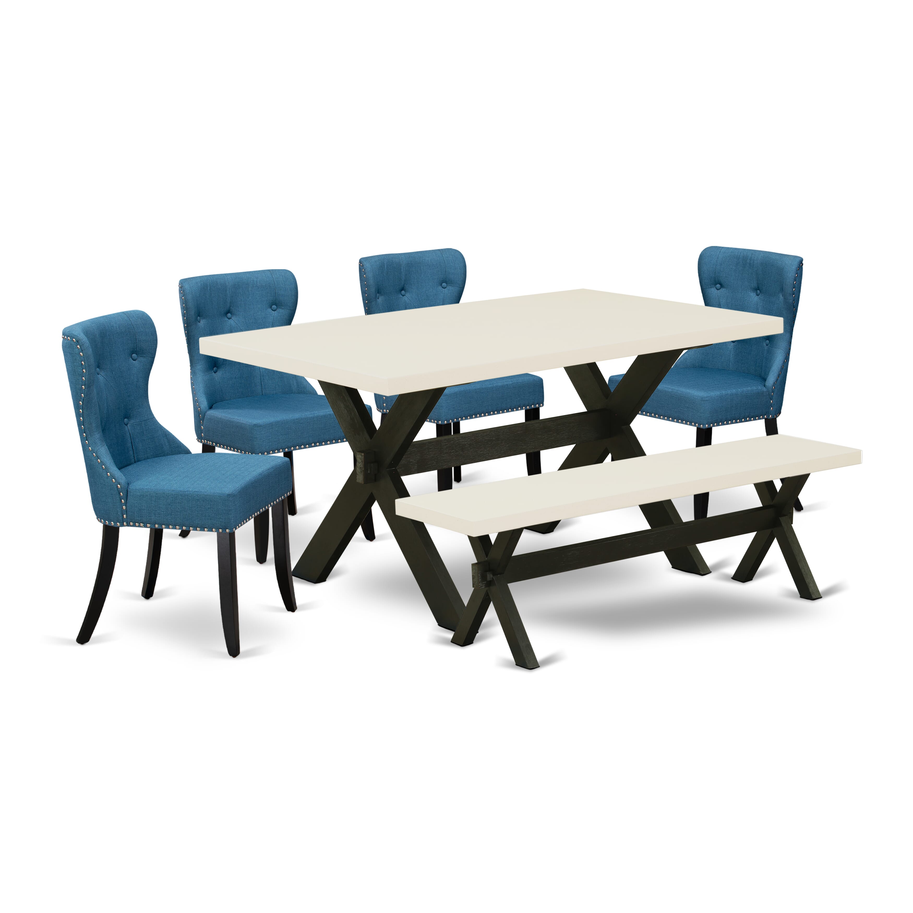 East West Furniture 6-Piece Dining Table Set- 4 Upholstered Dining Chairs with Blue Linen Fabric Seat and Button Tufted Chair Back - Rectangular top & Wooden Cross Legs Dining Table and Dining Bench - linen white and Black Finish