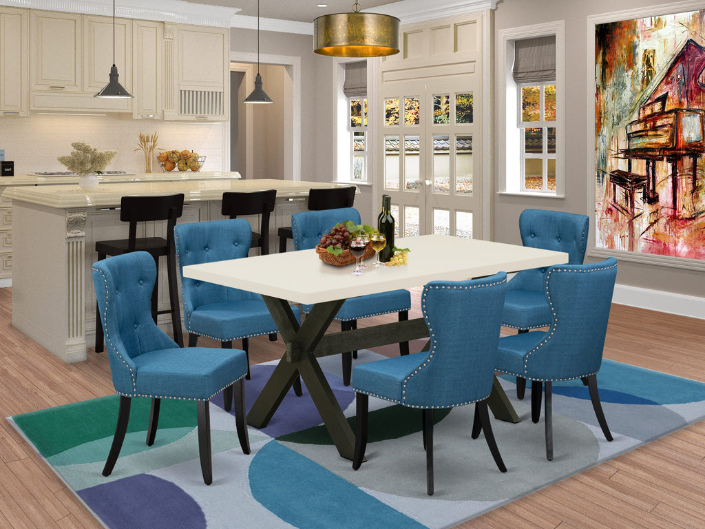 East West Furniture X626SI121-7 7 Piece Kitchen Table & Chairs Set Consist of a Rectangle Dining Room Table with X-Legs and 6 Blue Linen Fabric Upholstered Chairs