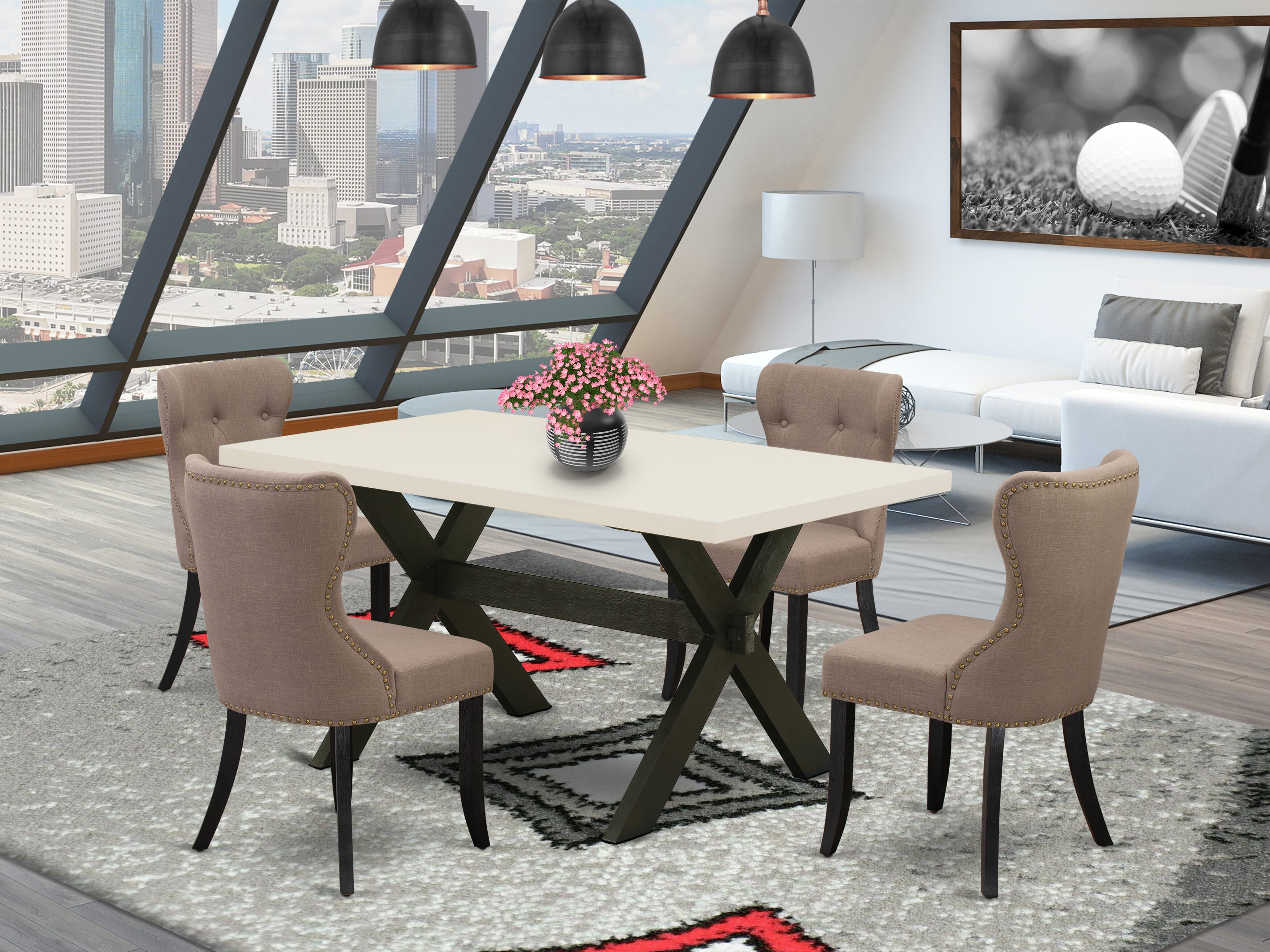 East West Furniture X626SI648-5 5-Pc Dining Room Table Set with Coffee Linen Fabric Seat and Button Tufted Chair Back Parson Dining Chairs - Rectangular Table - linen white Finish