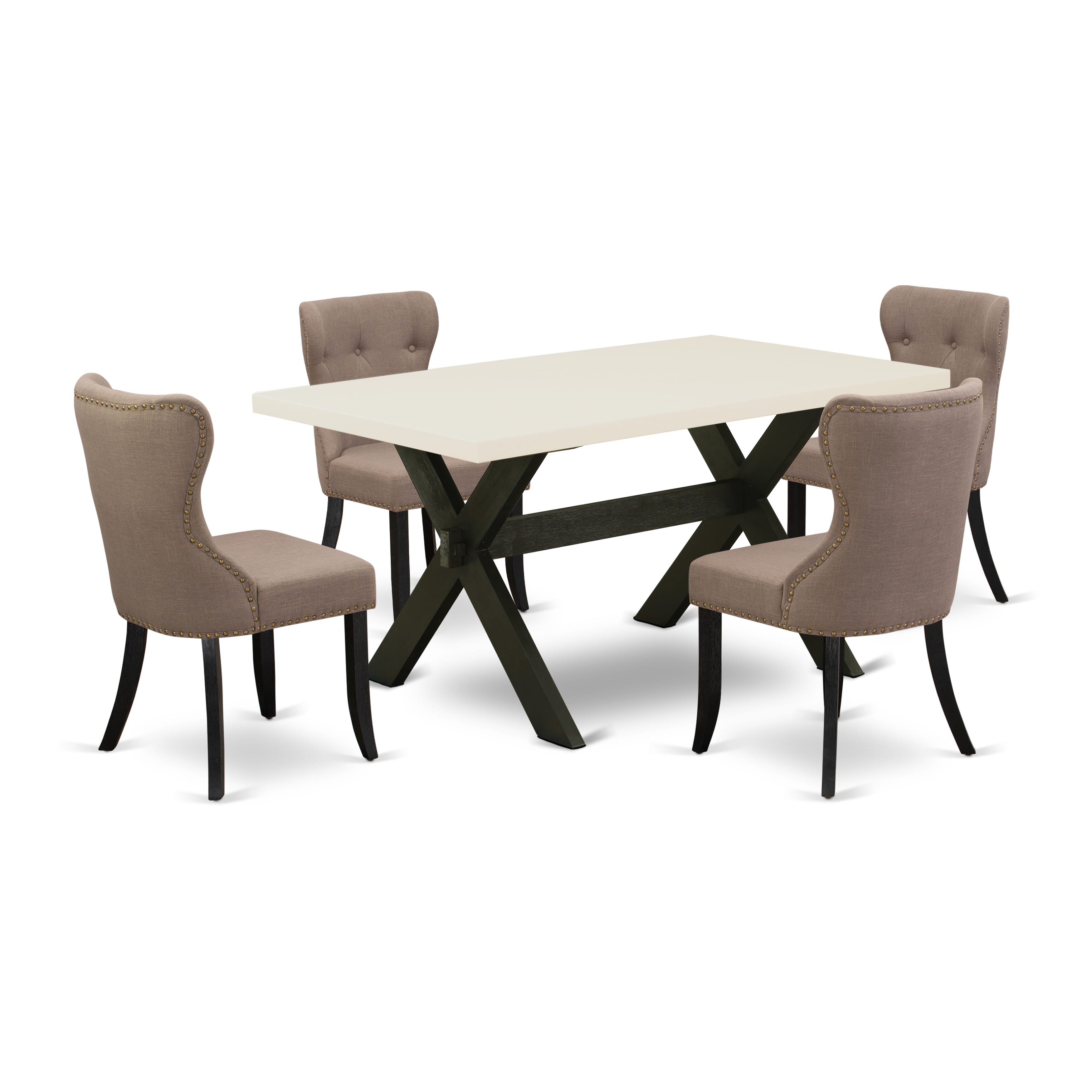 East West Furniture X626SI648-5 5-Pc Dining Room Table Set with Coffee Linen Fabric Seat and Button Tufted Chair Back Parson Dining Chairs - Rectangular Table - linen white Finish