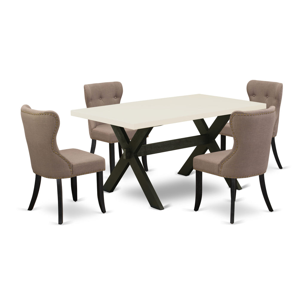 East West Furniture X626SI648-5 5 Piece Modern Dining Table Set Includes a Rectangle Wooden Table with X-Legs and 4 Coffee Linen Fabric Parsons Dining Chairs