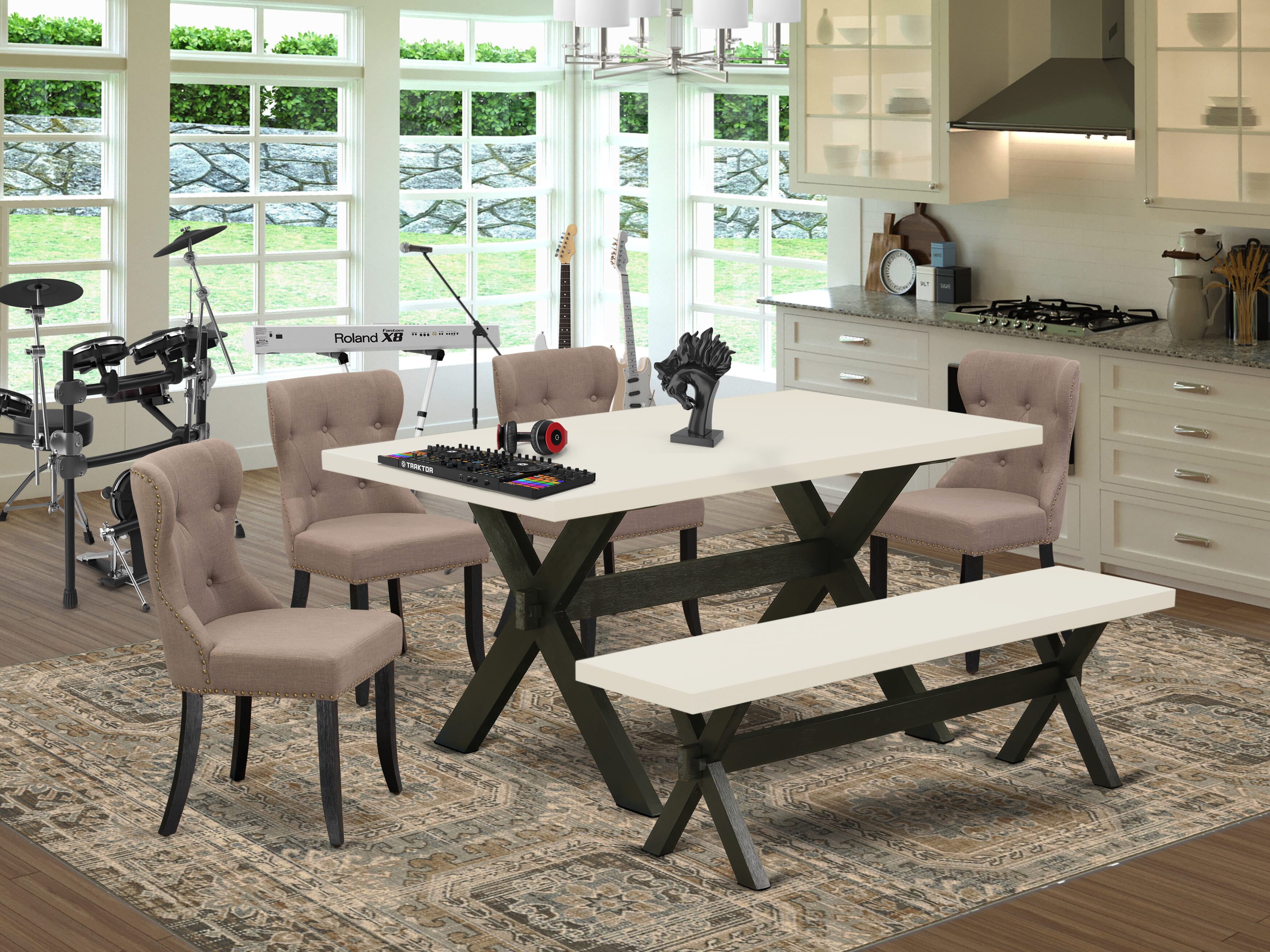 East West Furniture X626SI648-6 6-Pc Kitchen Dinette Set with Coffee Linen Fabric Seat and Button Tufted Chair Back Dining Chairs - Dining Room Table and Wooden Bench (linen white Finish)