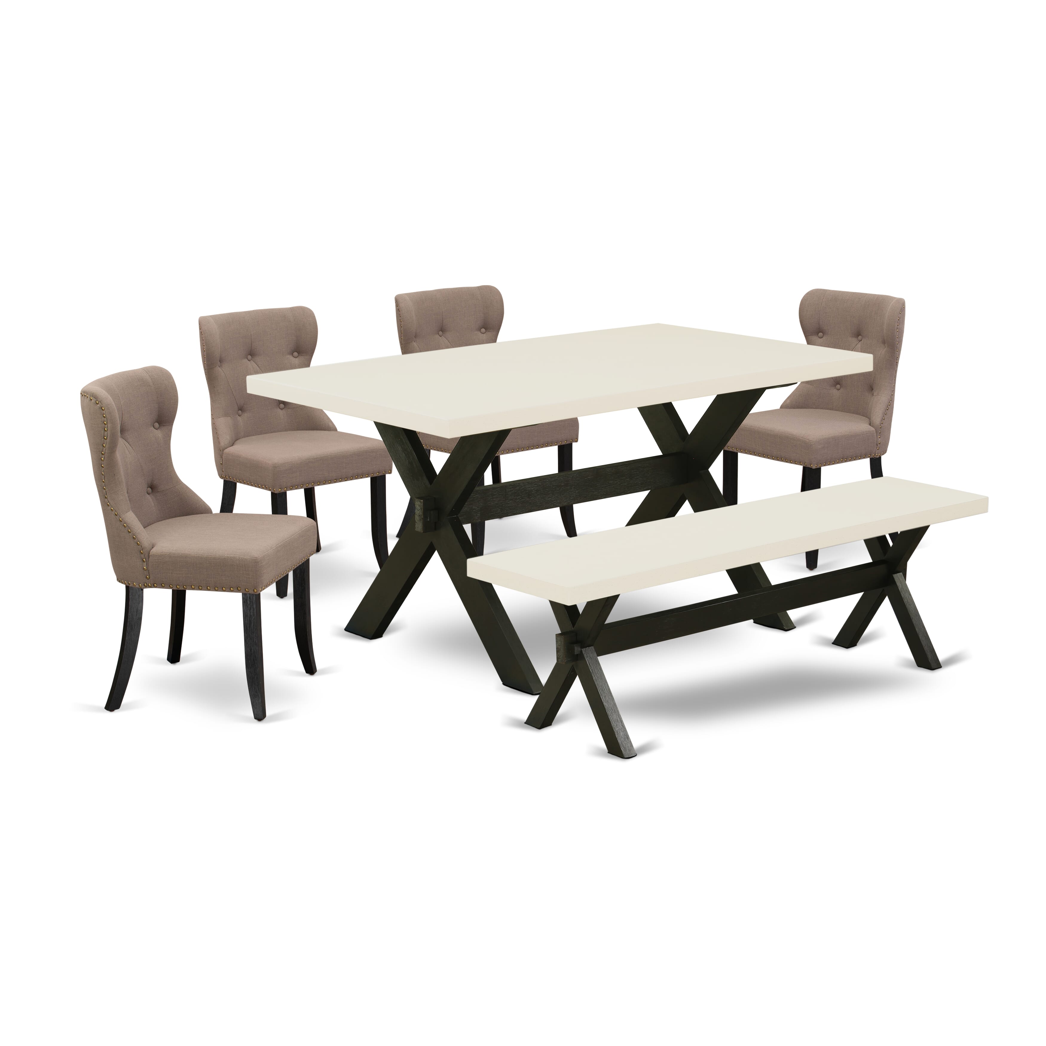 East West Furniture X626SI648-6 6-Pc Kitchen Dinette Set with Coffee Linen Fabric Seat and Button Tufted Chair Back Dining Chairs - Dining Room Table and Wooden Bench (linen white Finish)