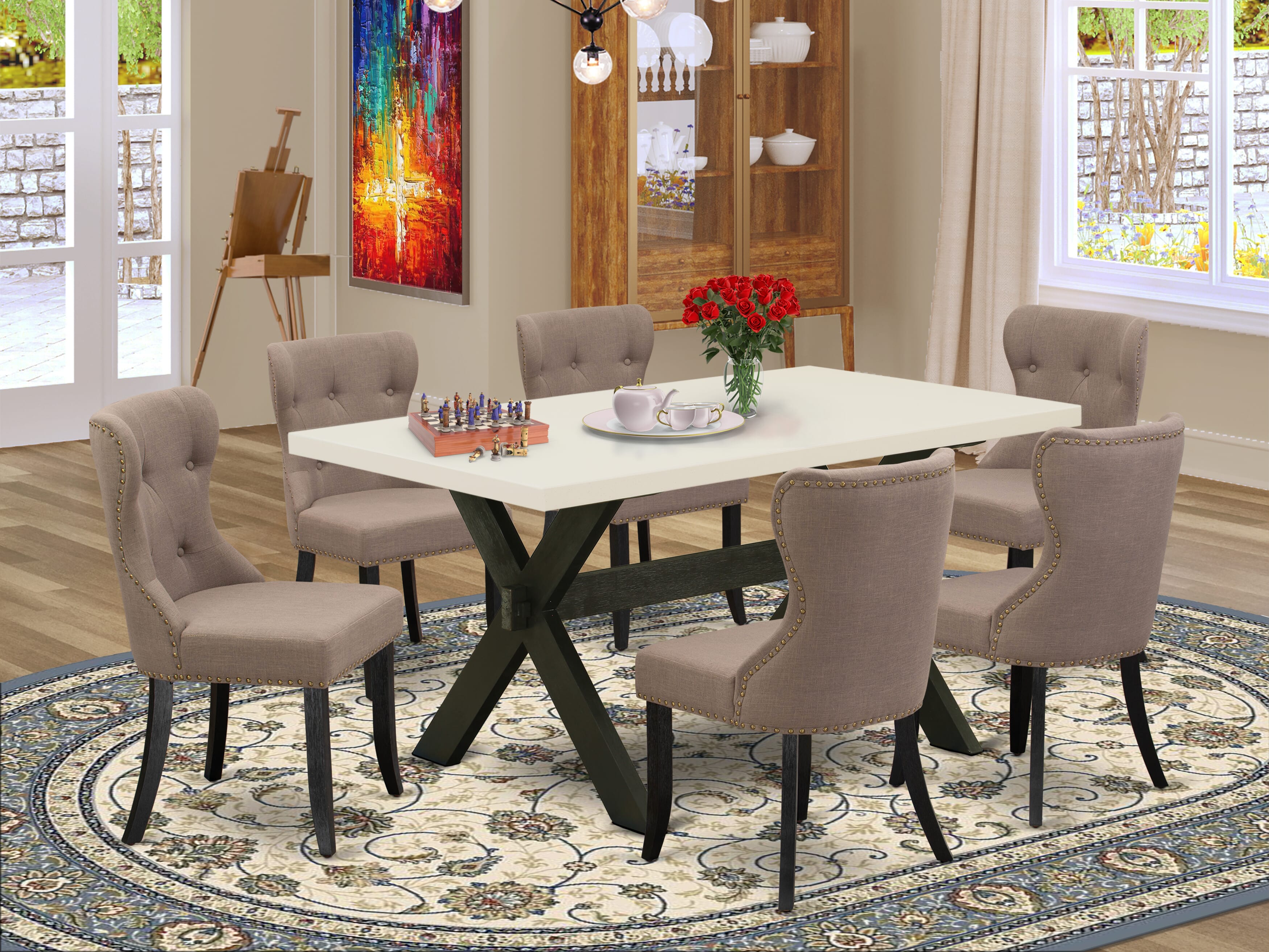 East West Furniture X626SI648-7 7-Piece Dining Set with Coffee Linen Fabric Seat and Button Tufted Chair Back Kitchen Chairs - Dining Table - linen white Finish
