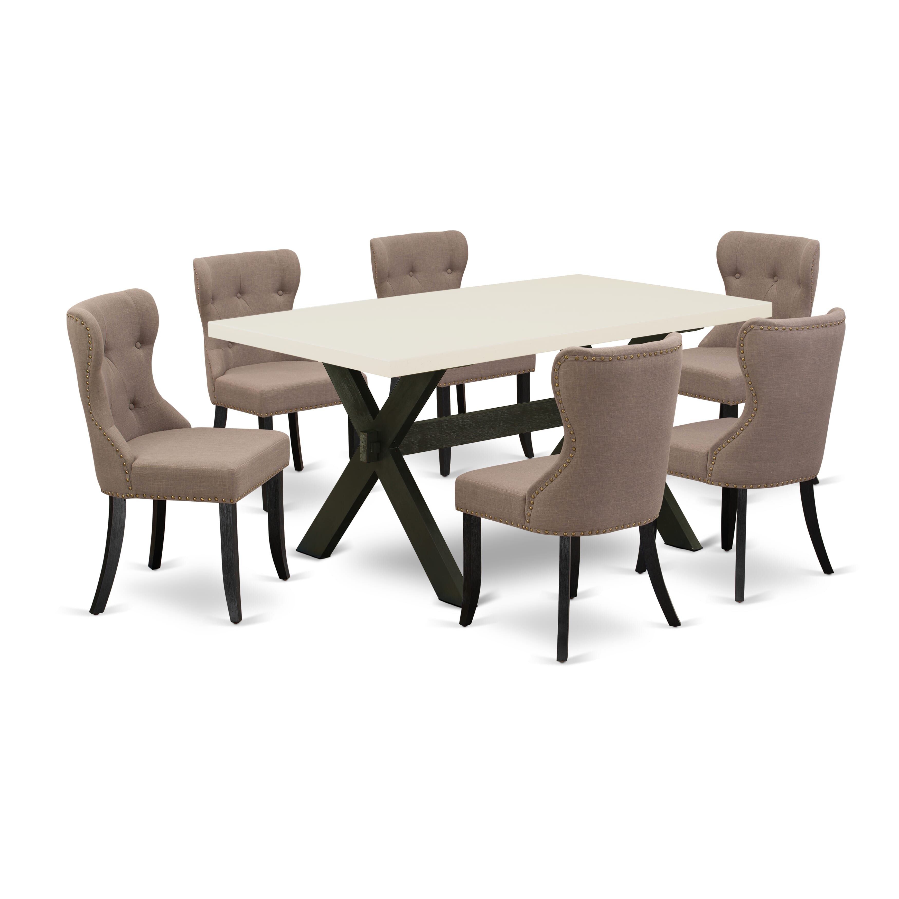East West Furniture X626SI648-7 7-Piece Dining Set with Coffee Linen Fabric Seat and Button Tufted Chair Back Kitchen Chairs - Dining Table - linen white Finish