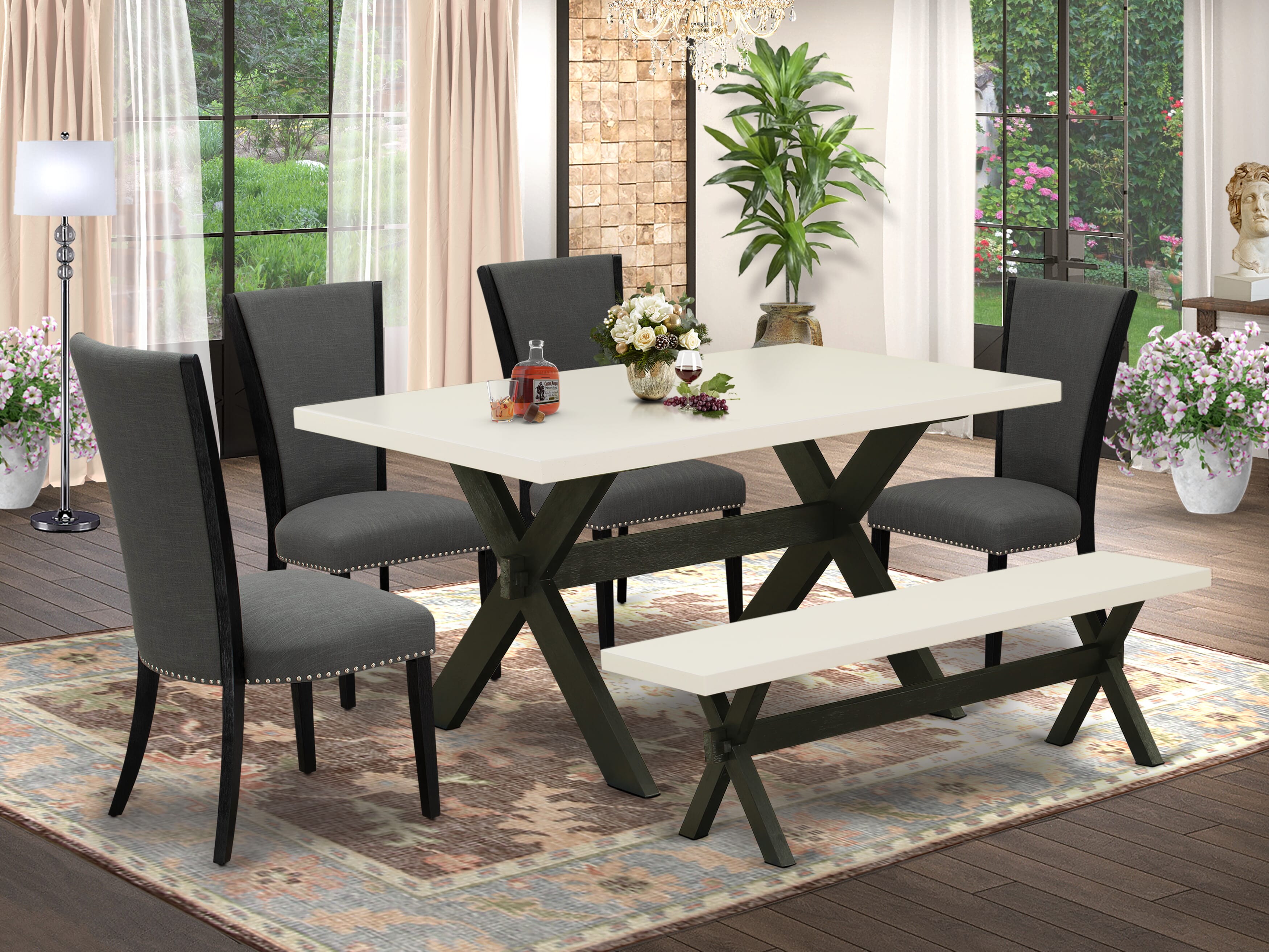 East West Furniture X626VE650-6 6 Piece Kitchen Table Set - 4 Dark Gotham Grey Linen Fabric Chairs for Dining Room with Nailheads and linen white Wooden Dining Table - 1 Modern Bench - Black Finish