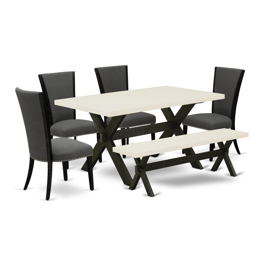 Juego de comedor de 6 piezas East West Furniture X626VE650-6. Contiene una mesa de comedor rectangular con patas en forma de X y 4 sillas Parson de tela de lino Gotham oscuro con un banco.