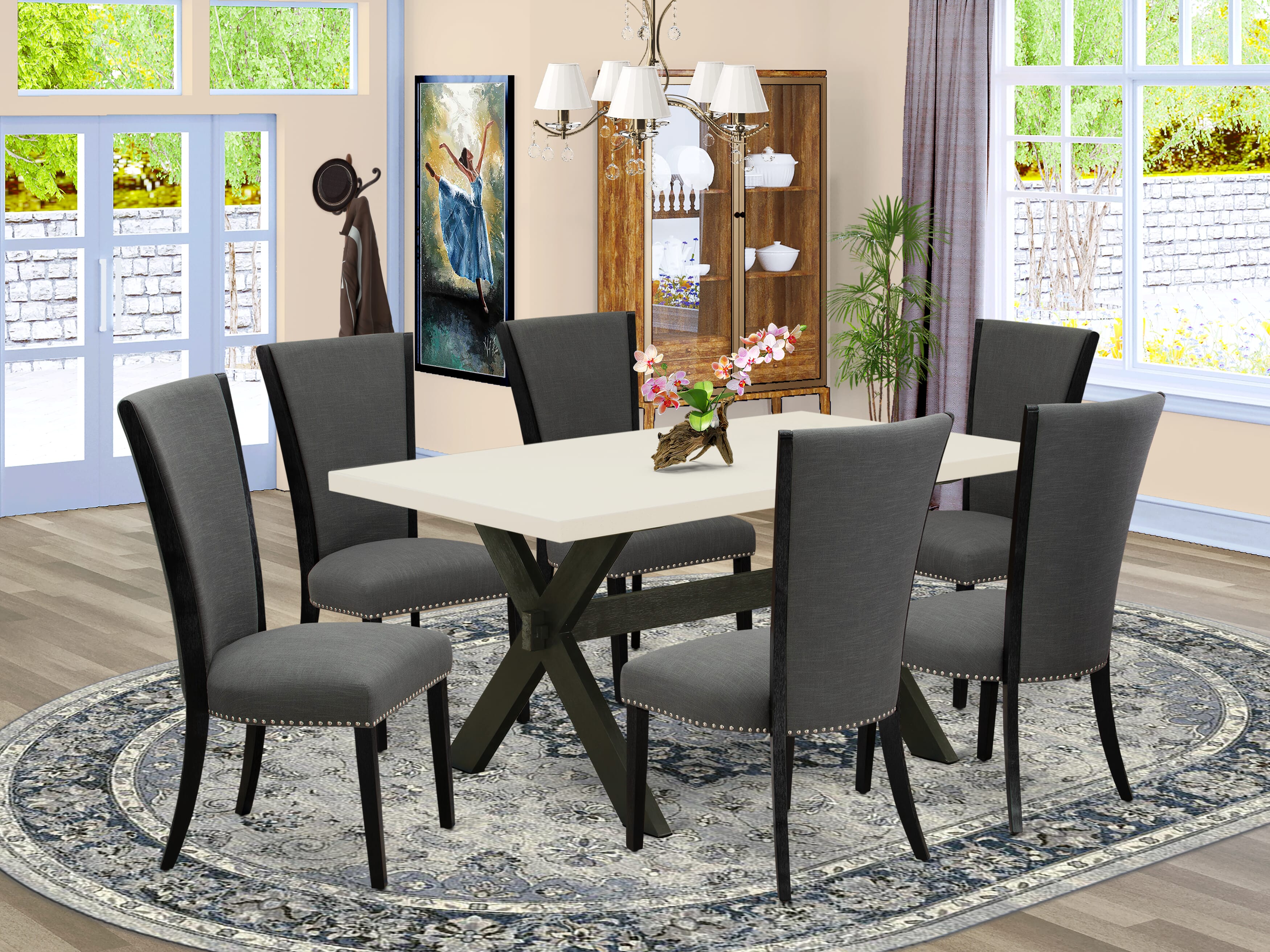 East West Furniture X626VE650-7 7 Pc Dinner Table Set Consists of a linen white Modern Kitchen Table and 6 Dark Gotham Grey Linen Fabric Dining Chairs with High Back - Wire Brushed Black Finish