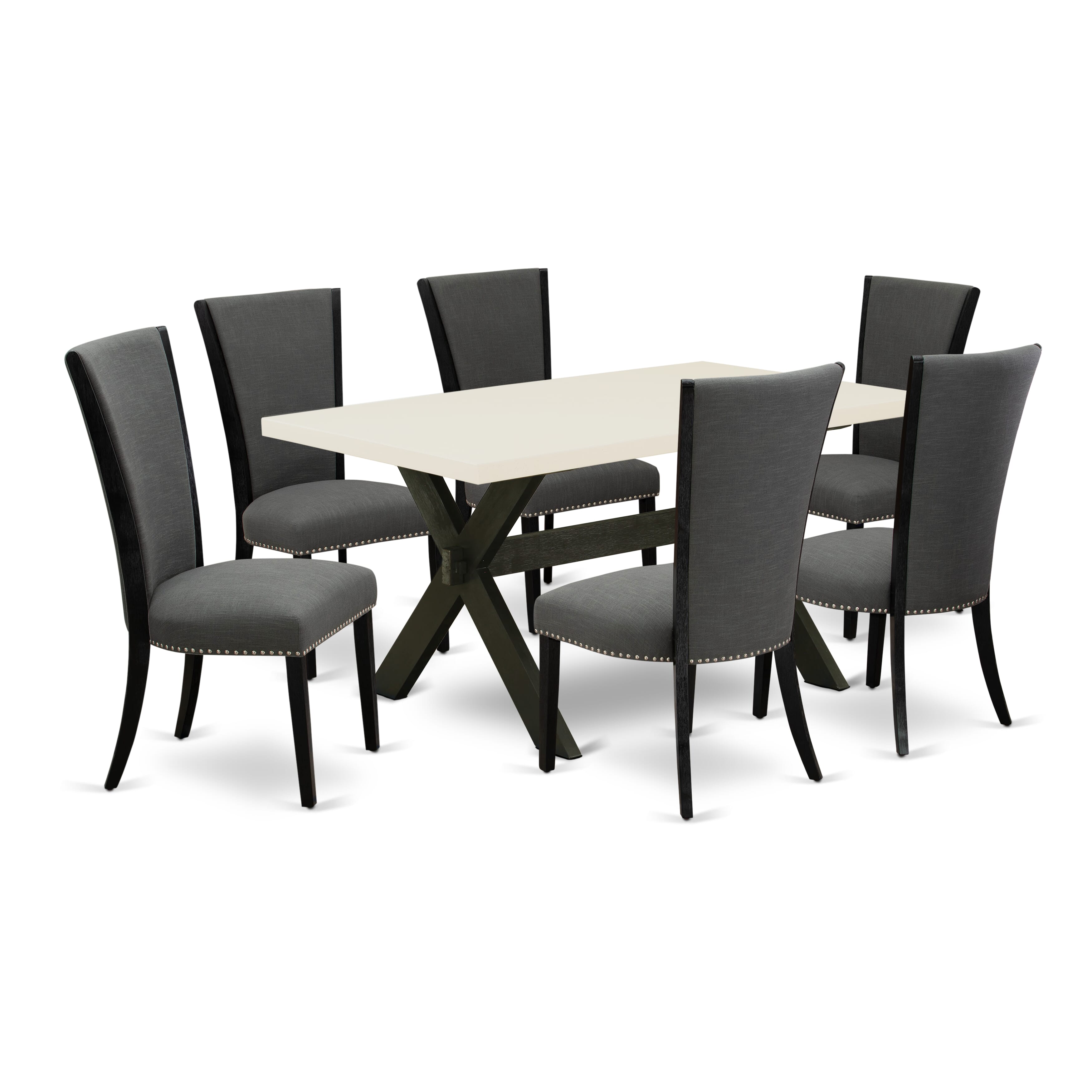 East West Furniture X626VE650-7 7 Pc Dinner Table Set Consists of a linen white Modern Kitchen Table and 6 Dark Gotham Grey Linen Fabric Dining Chairs with High Back - Wire Brushed Black Finish