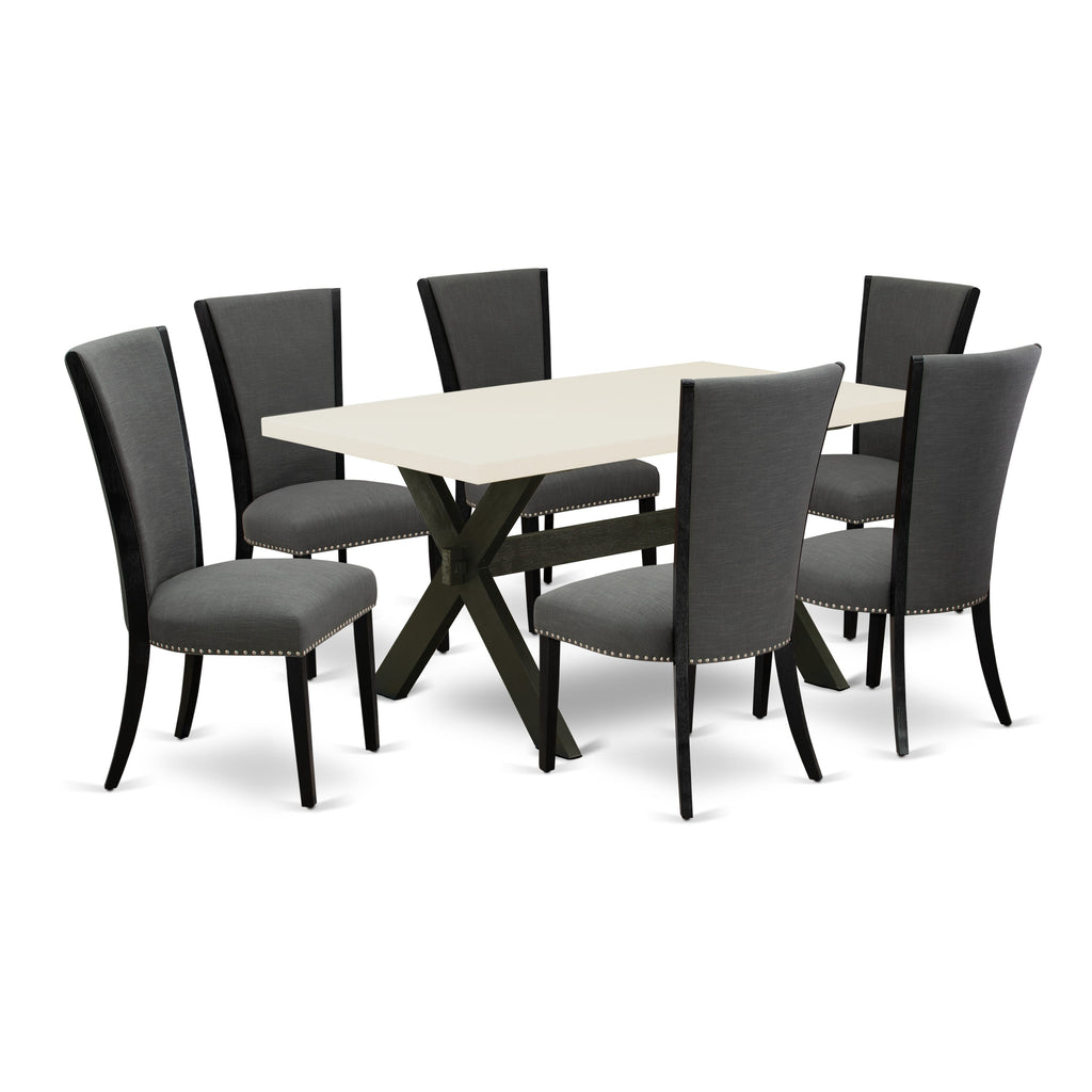 X626VE650-7 Juego de comedor de 7 piezas: mesa rectangular de 36 x 60 y 6 sillas Parson, color negro cepillado y blanco lino.
