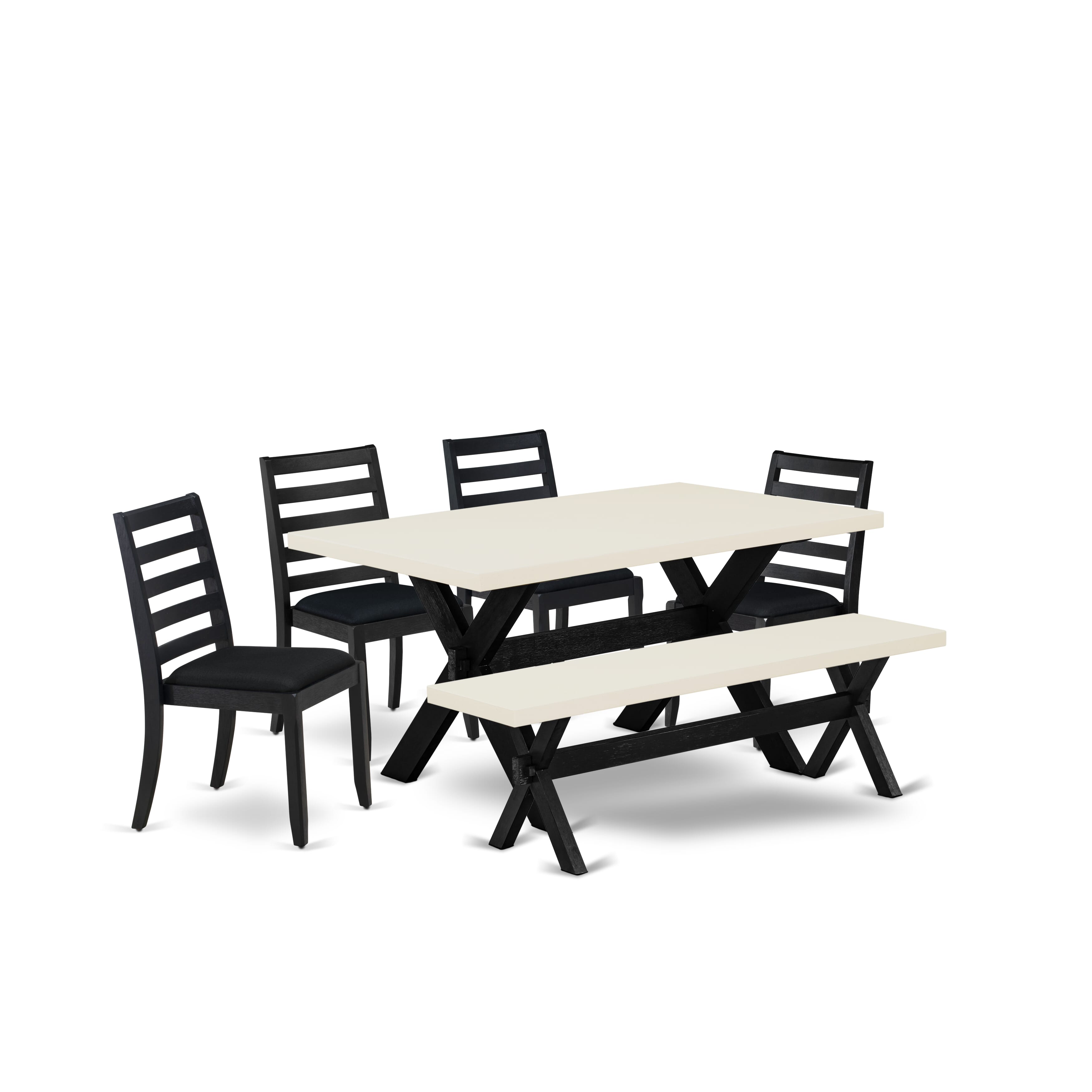 X626X1624-6 - 6-pc dining table set - a dinner table & a bench & 4 stackable chairs with Black Linen Fabric - Wire-brushed Black