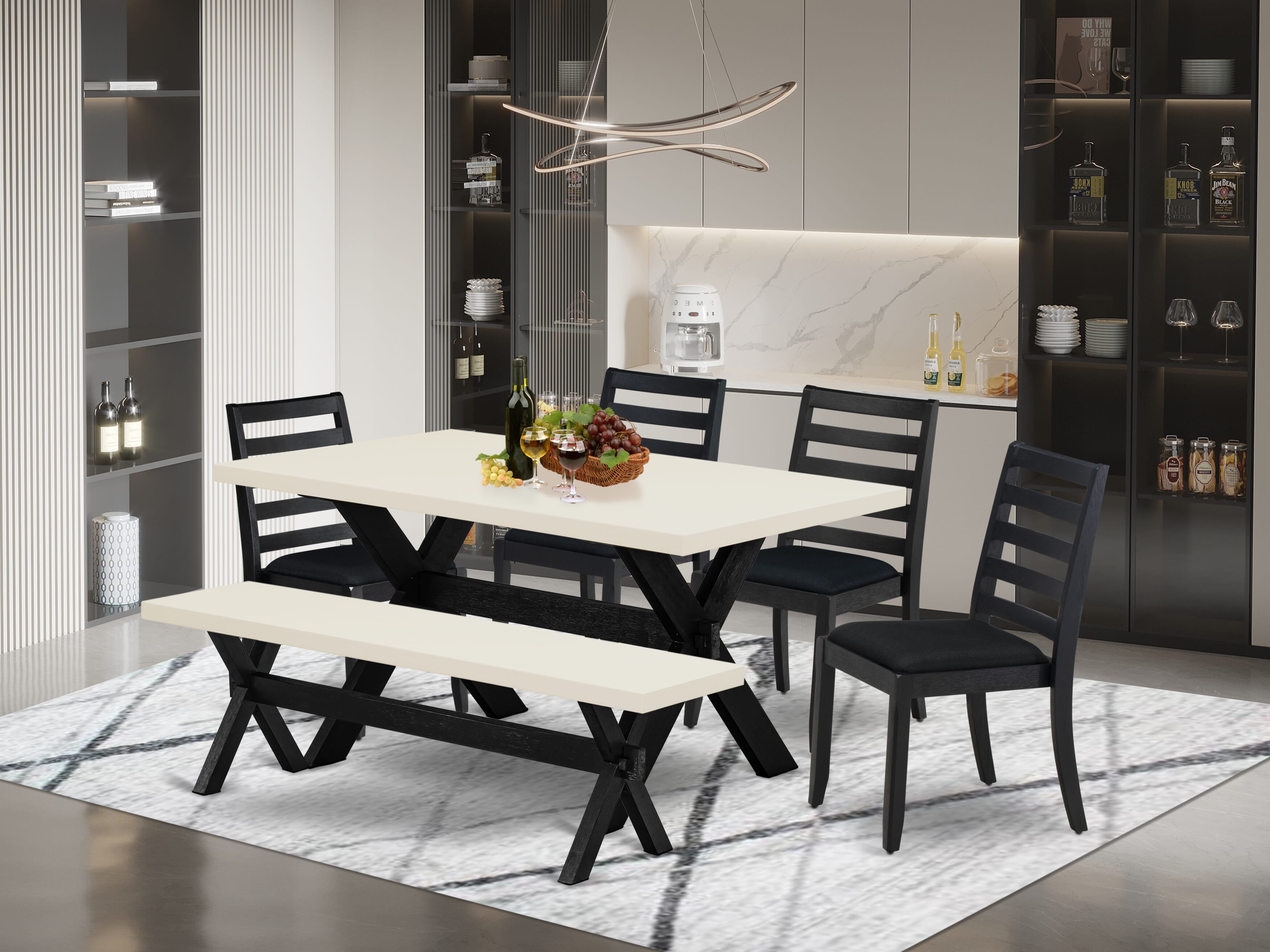 X626X1624-6 - 6-pc dining table set - a dinner table & a bench & 4 stackable chairs with Black Linen Fabric - Wire-brushed Black