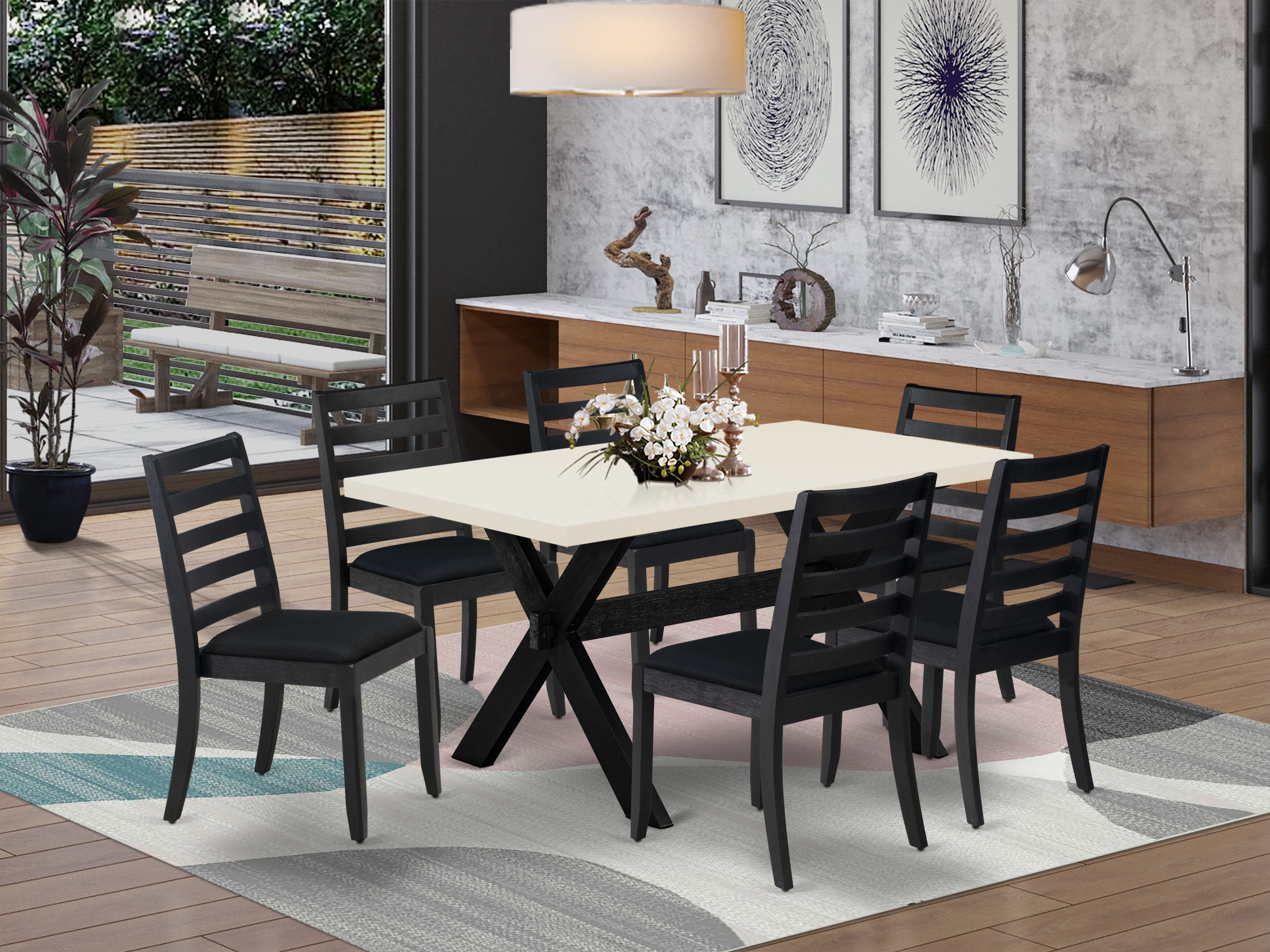 X626X1624-7 - 7-pc kitchen table set - a wooden table & 6 stackable chairs with Black Linen Fabric - Wire-brushed Black