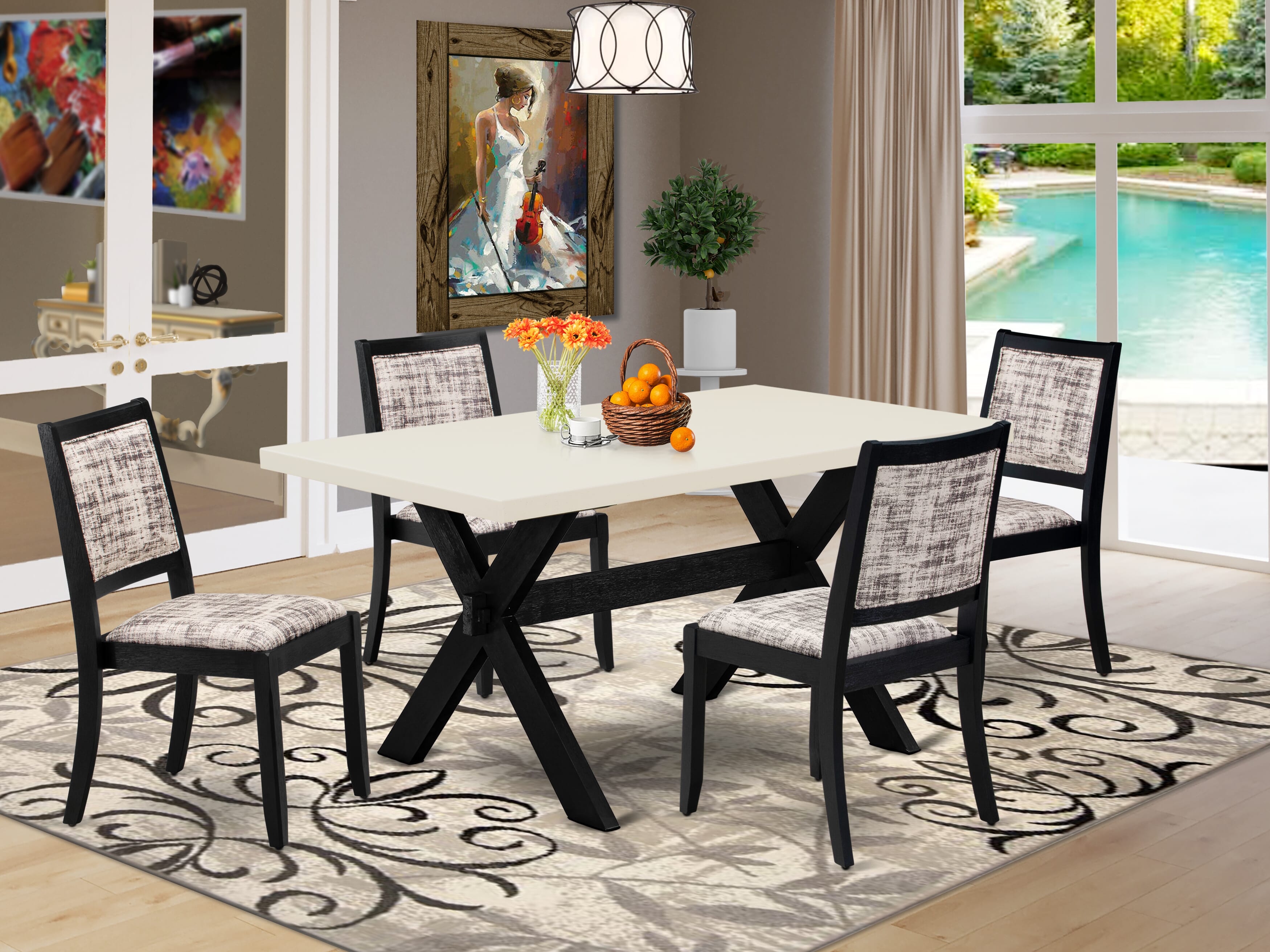 X626X2630-5 - 5-pc dining set - a dining table & 4 stackable chairs with White and Gray Pattern Faux Leather Fabric - Wire-brushed Black