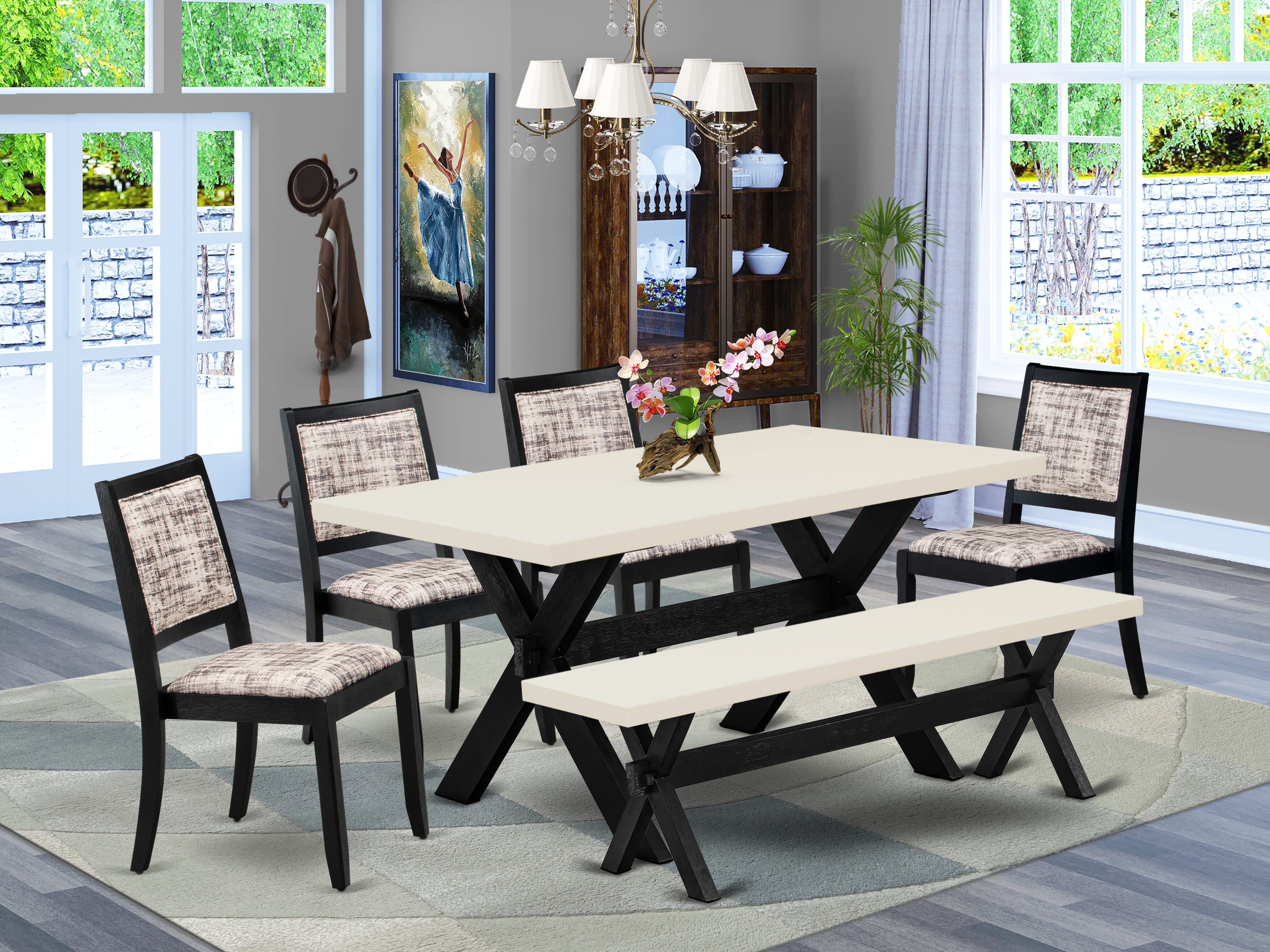 X626X2630-6 - 6-pc dining set - a table & a bench & 4 stackable chairs with White & Gray Pattern Faux Leather Fabric - Wire-brushed Black