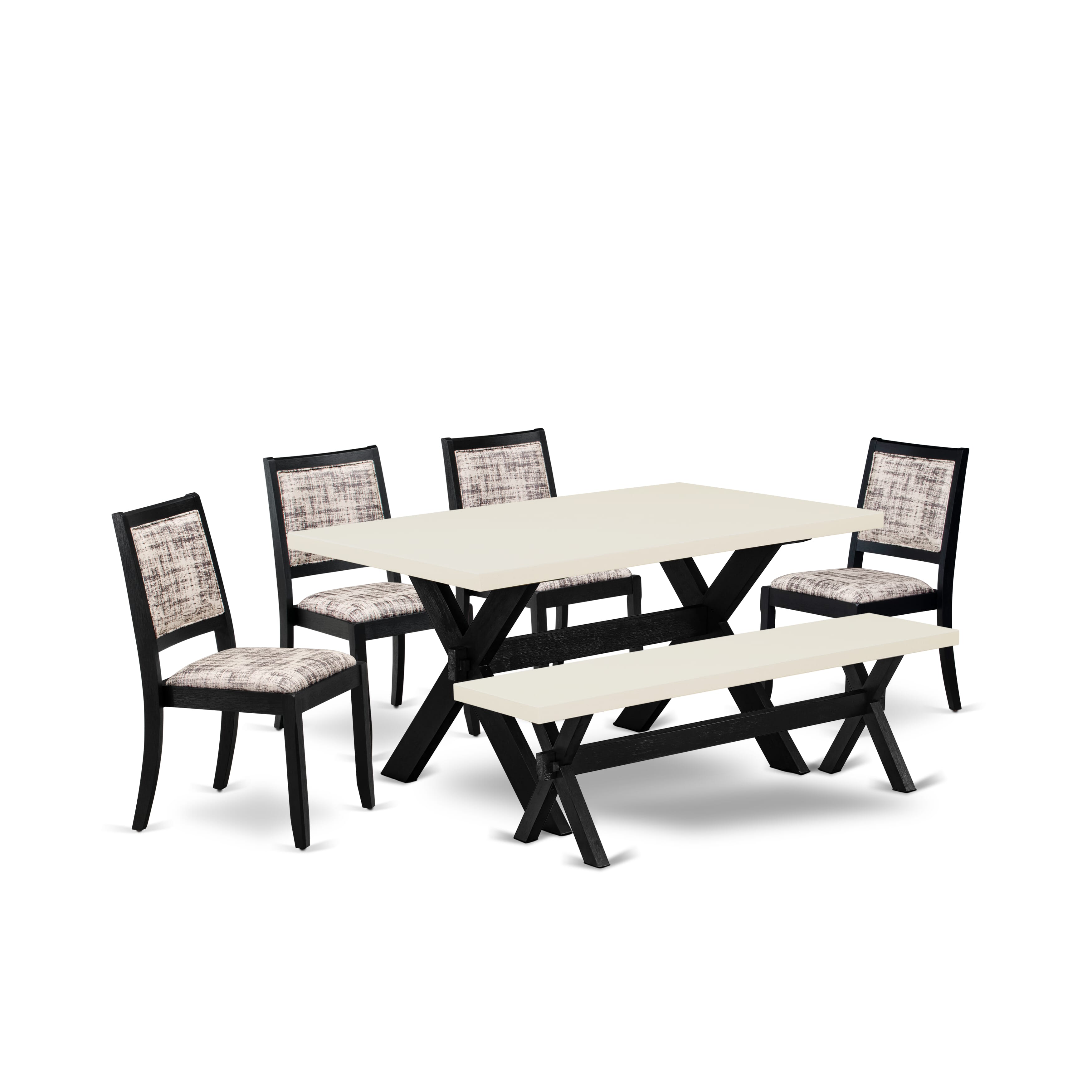 X626X2630-6 - 6-pc dining set - a table & a bench & 4 stackable chairs with White & Gray Pattern Faux Leather Fabric - Wire-brushed Black