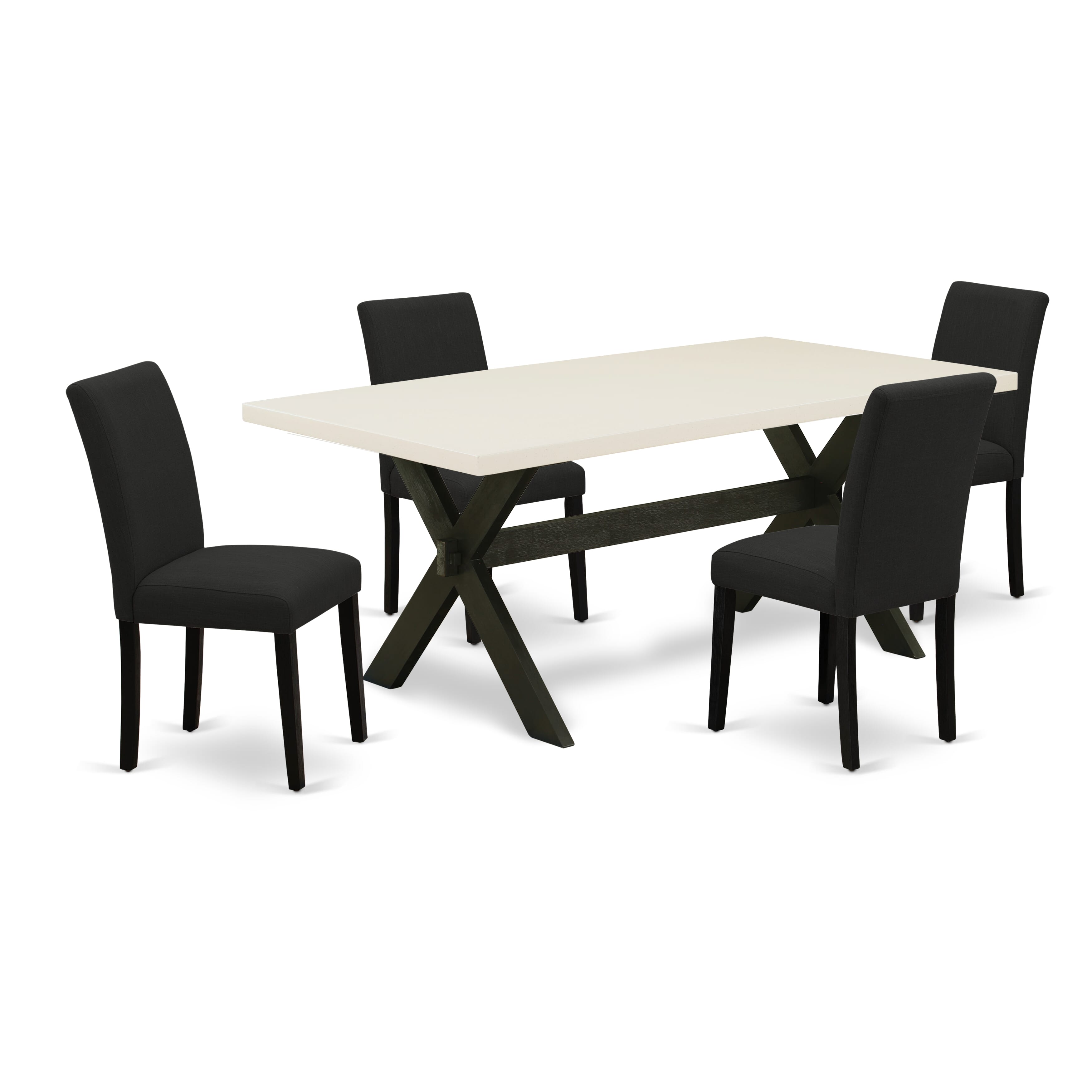 Juego de comedor de 5 piezas East West Furniture X627AB624-5. Incluye una mesa de comedor rectangular con patas en forma de X y 4 sillas tapizadas en tela de lino de color negro.